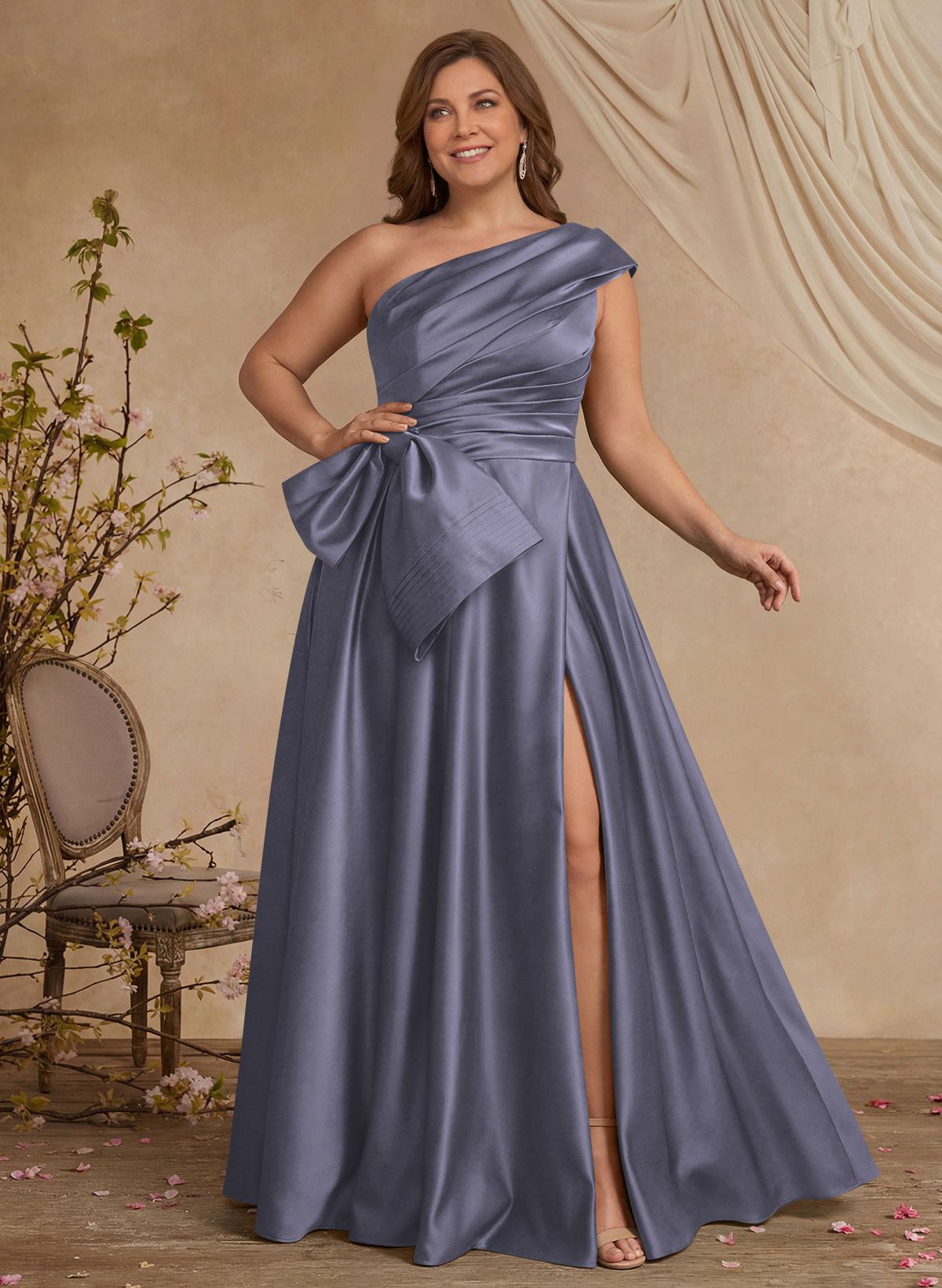 A-Line One-Shoulder Sleeveless Satin Mother Of The Bride Dresses With High Split