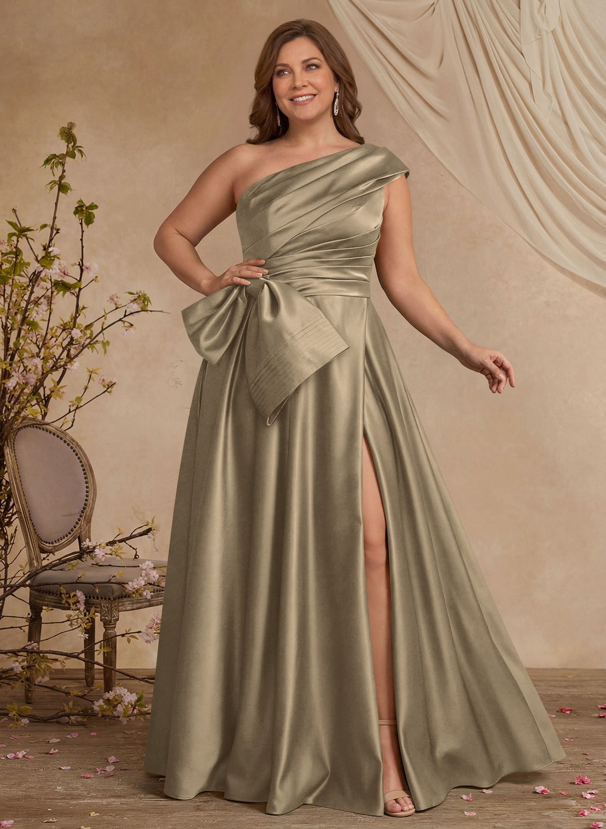 A-Line One-Shoulder Sleeveless Satin Mother Of The Bride Dresses With High Split
