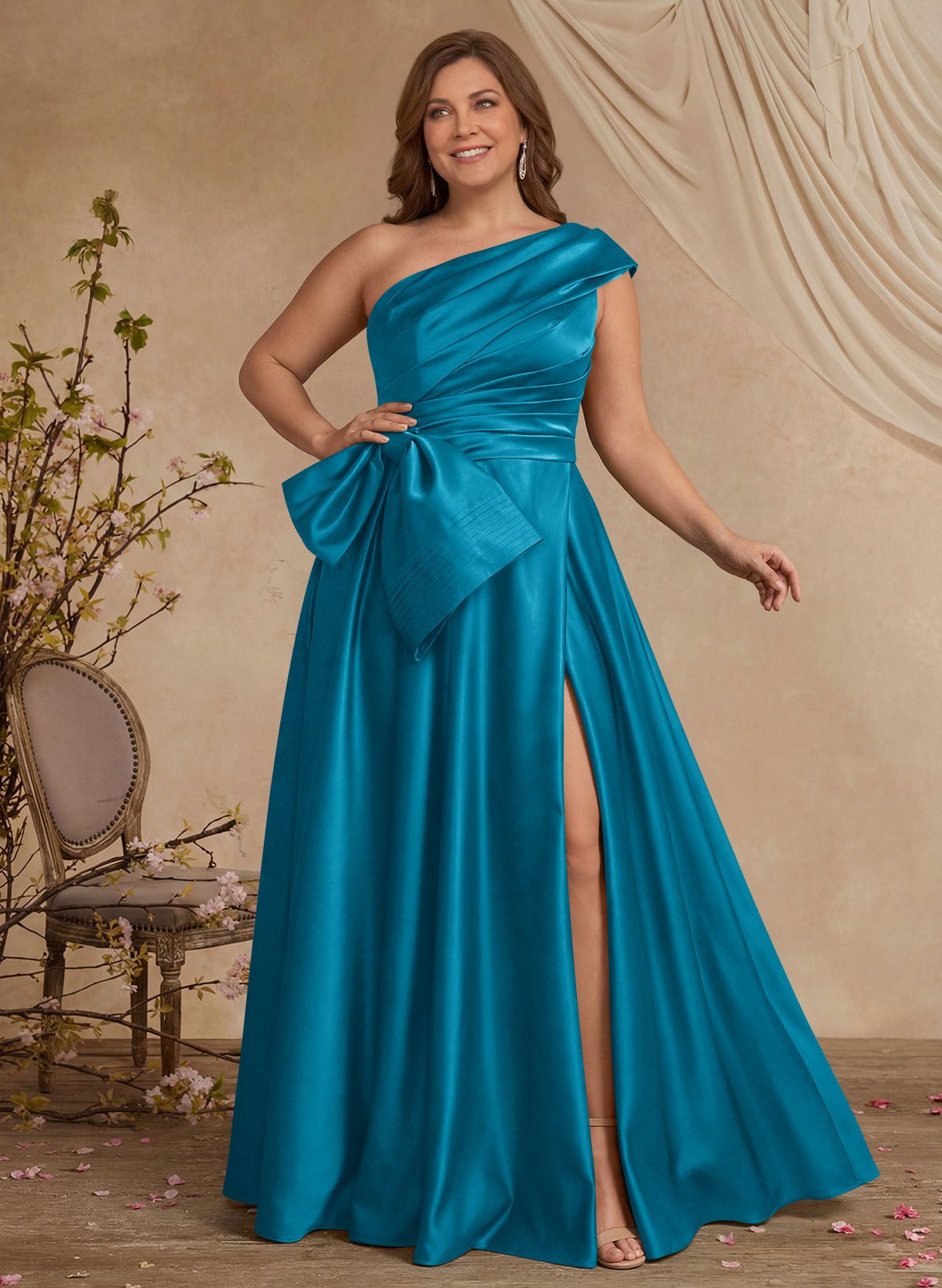 A-Line One-Shoulder Sleeveless Satin Mother Of The Bride Dresses With High Split