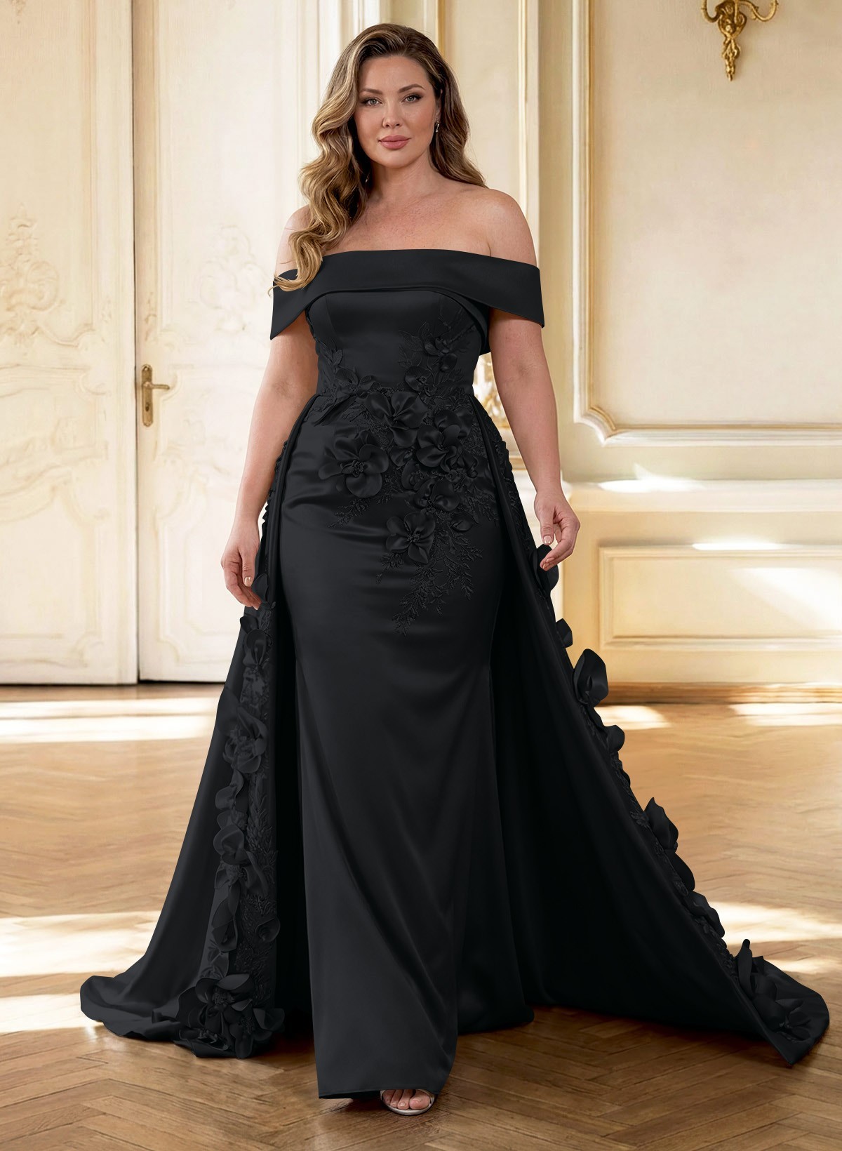 Trumpet/Mermaid Off-The-Shoulder Sweep Train Satin Mother Of The Bride Dresses With Overskirt Dress