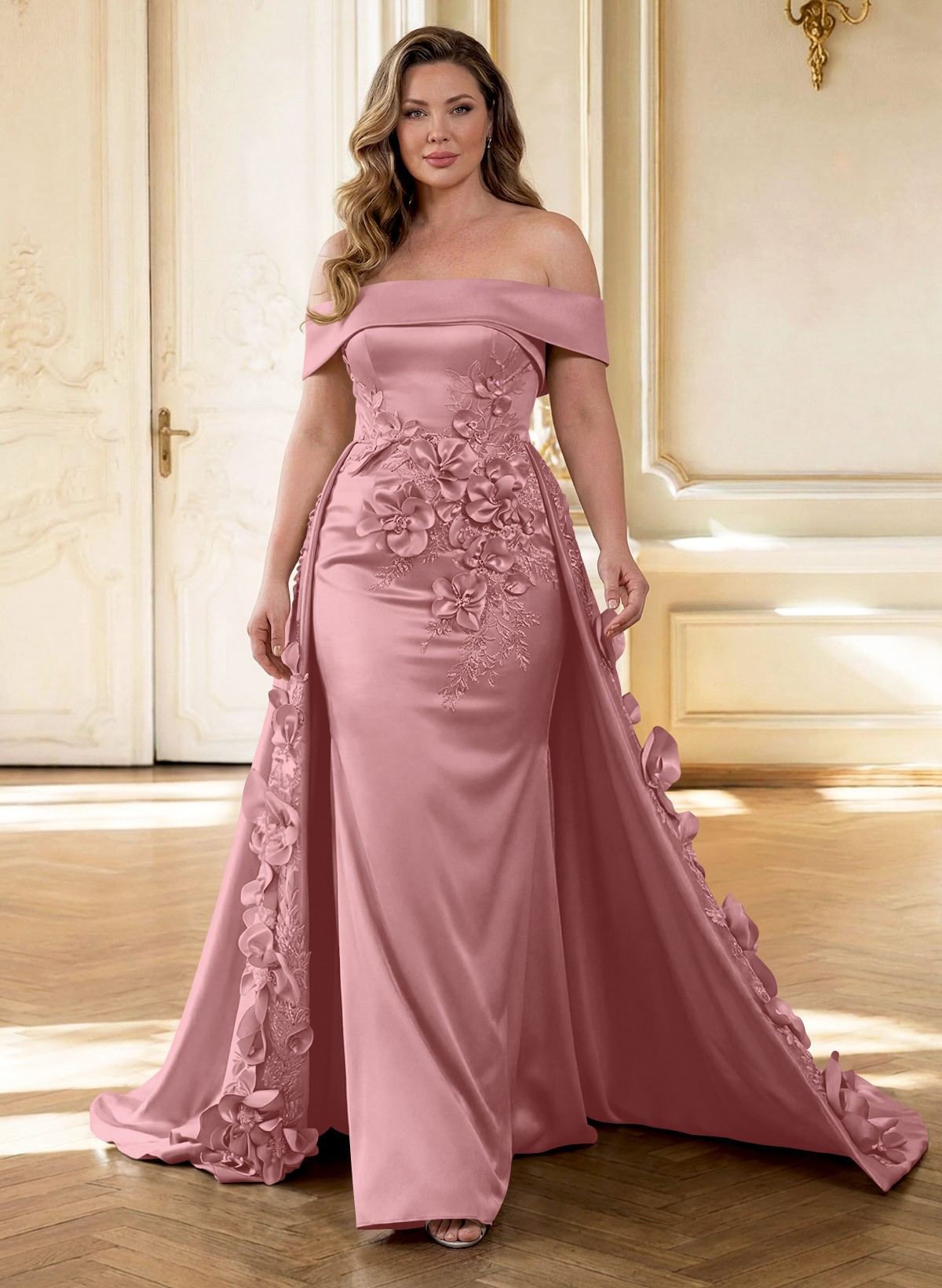 Trumpet/Mermaid Off-The-Shoulder Sweep Train Satin Mother Of The Bride Dresses With Overskirt Dress