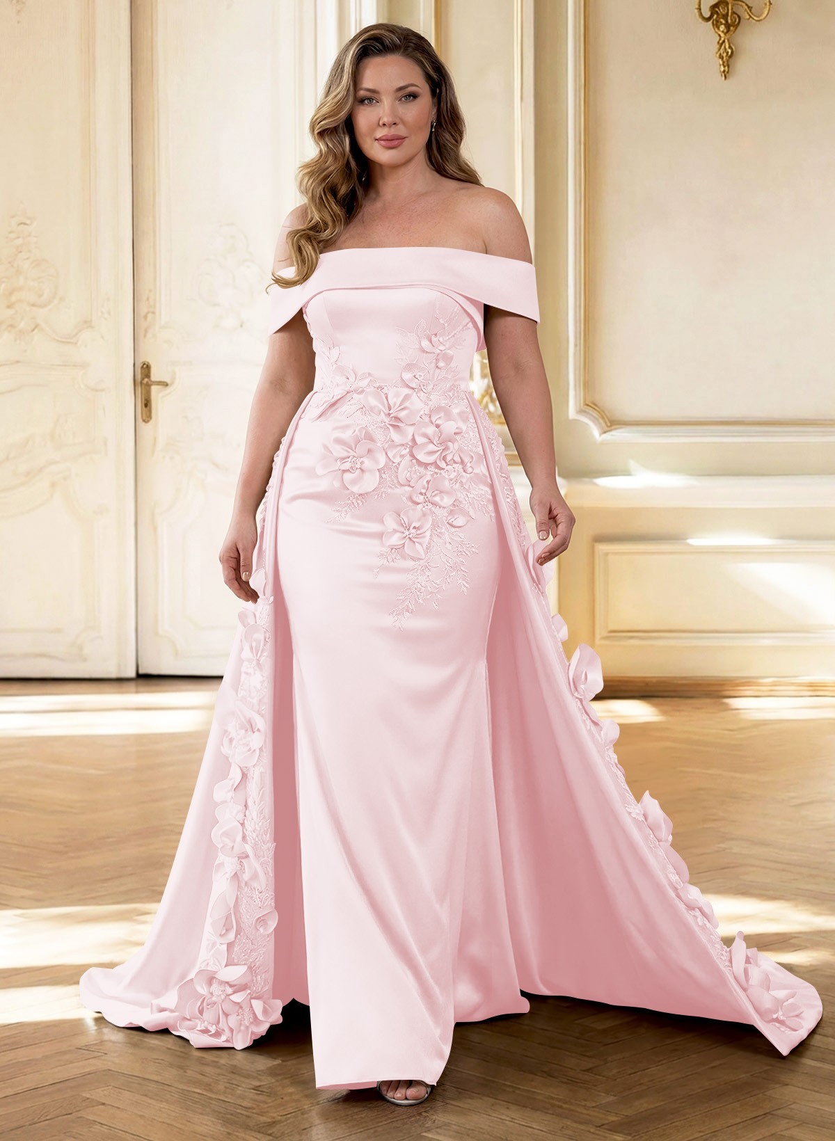 Trumpet/Mermaid Off-The-Shoulder Sweep Train Satin Mother Of The Bride Dresses With Overskirt Dress