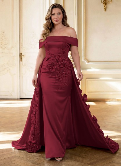 Trumpet/Mermaid Off-The-Shoulder Sweep Train Satin Mother Of The Bride Dresses With Overskirt Dress