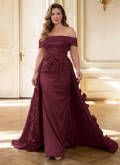 Trumpet/Mermaid Off-The-Shoulder Sweep Train Satin Mother Of The Bride Dresses With Overskirt Dress
