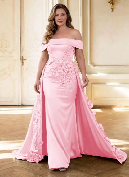 Trumpet/Mermaid Off-The-Shoulder Sweep Train Satin Mother Of The Bride Dresses With Overskirt Dress