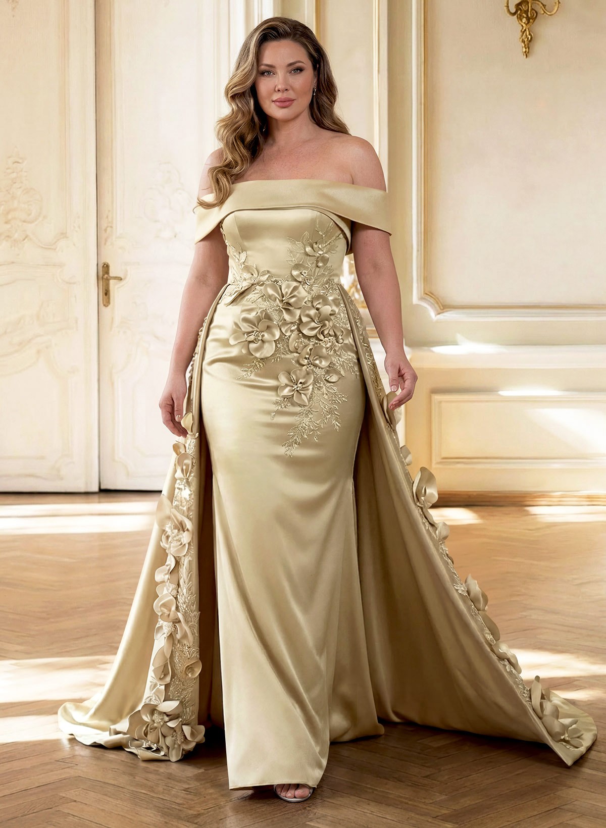 Trumpet/Mermaid Off-The-Shoulder Sweep Train Satin Mother Of The Bride Dresses With Overskirt Dress