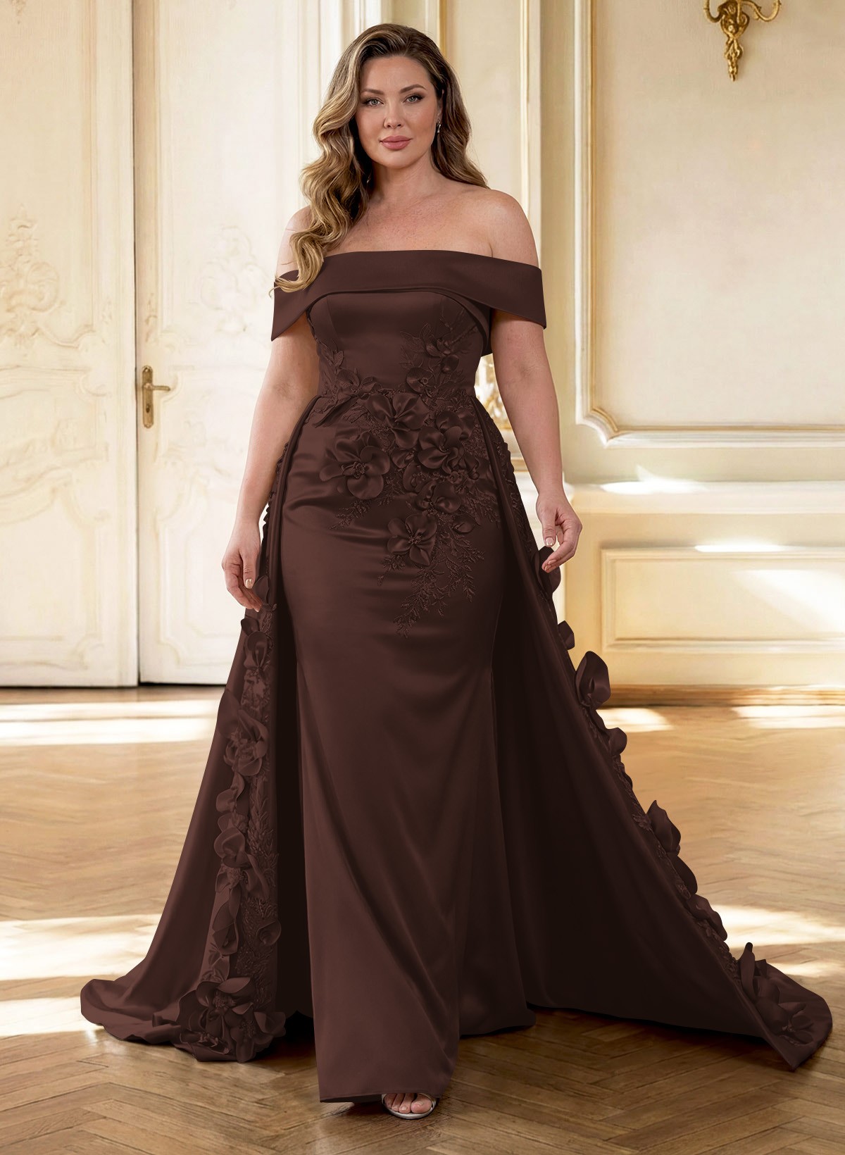 Trumpet/Mermaid Off-The-Shoulder Sweep Train Satin Mother Of The Bride Dresses With Overskirt Dress