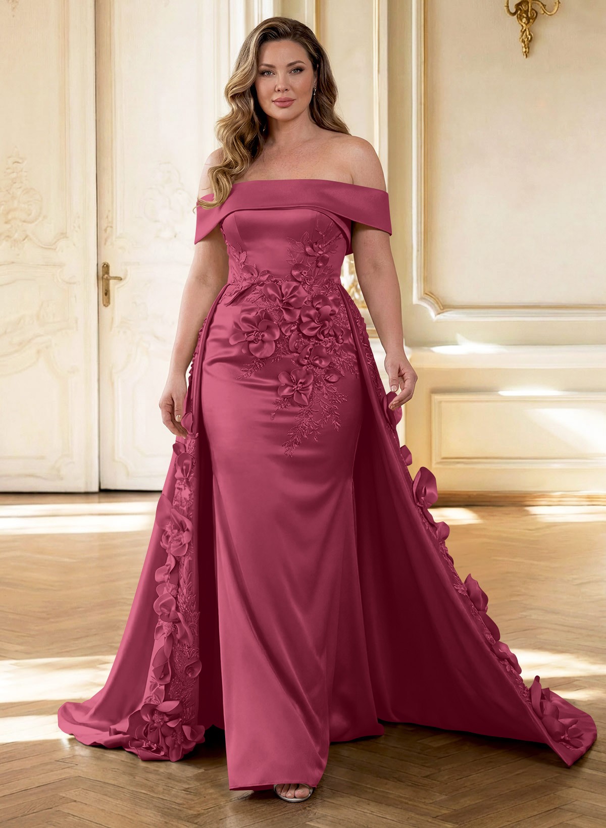 Trumpet/Mermaid Off-The-Shoulder Sweep Train Satin Mother Of The Bride Dresses With Overskirt Dress