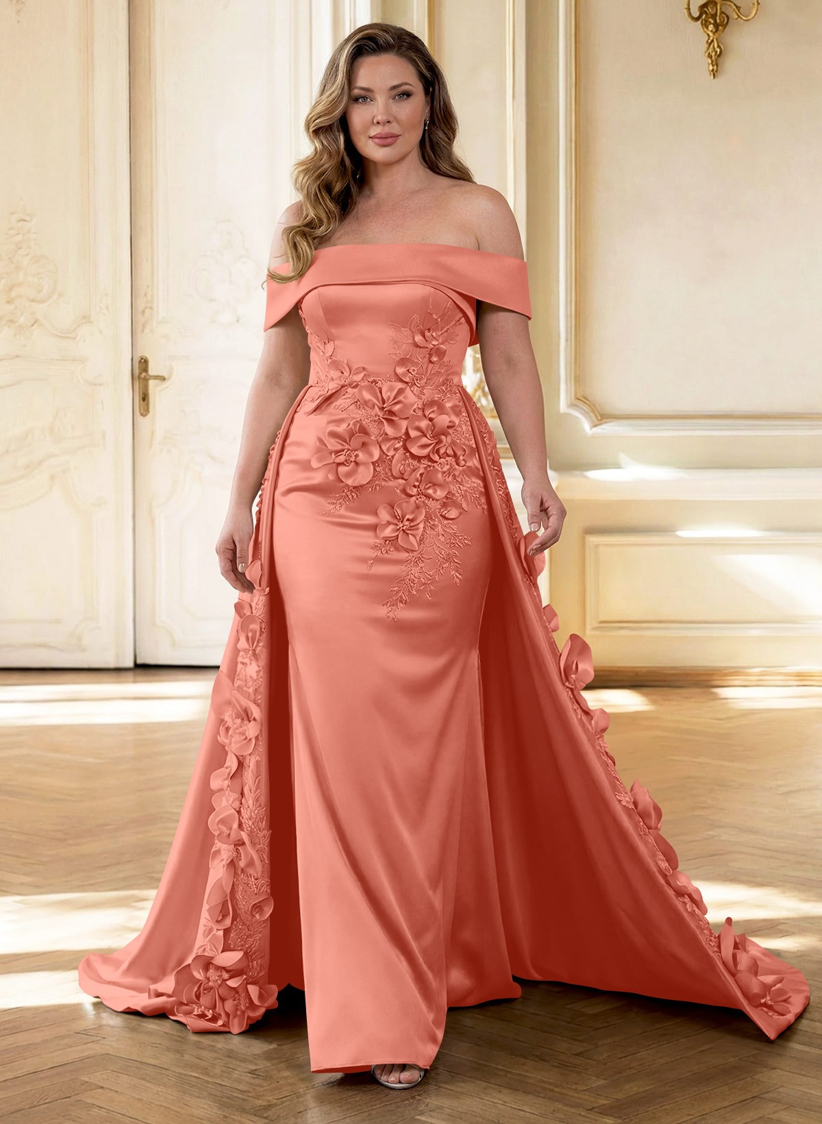 Trumpet/Mermaid Off-The-Shoulder Sweep Train Satin Mother Of The Bride Dresses With Overskirt Dress
