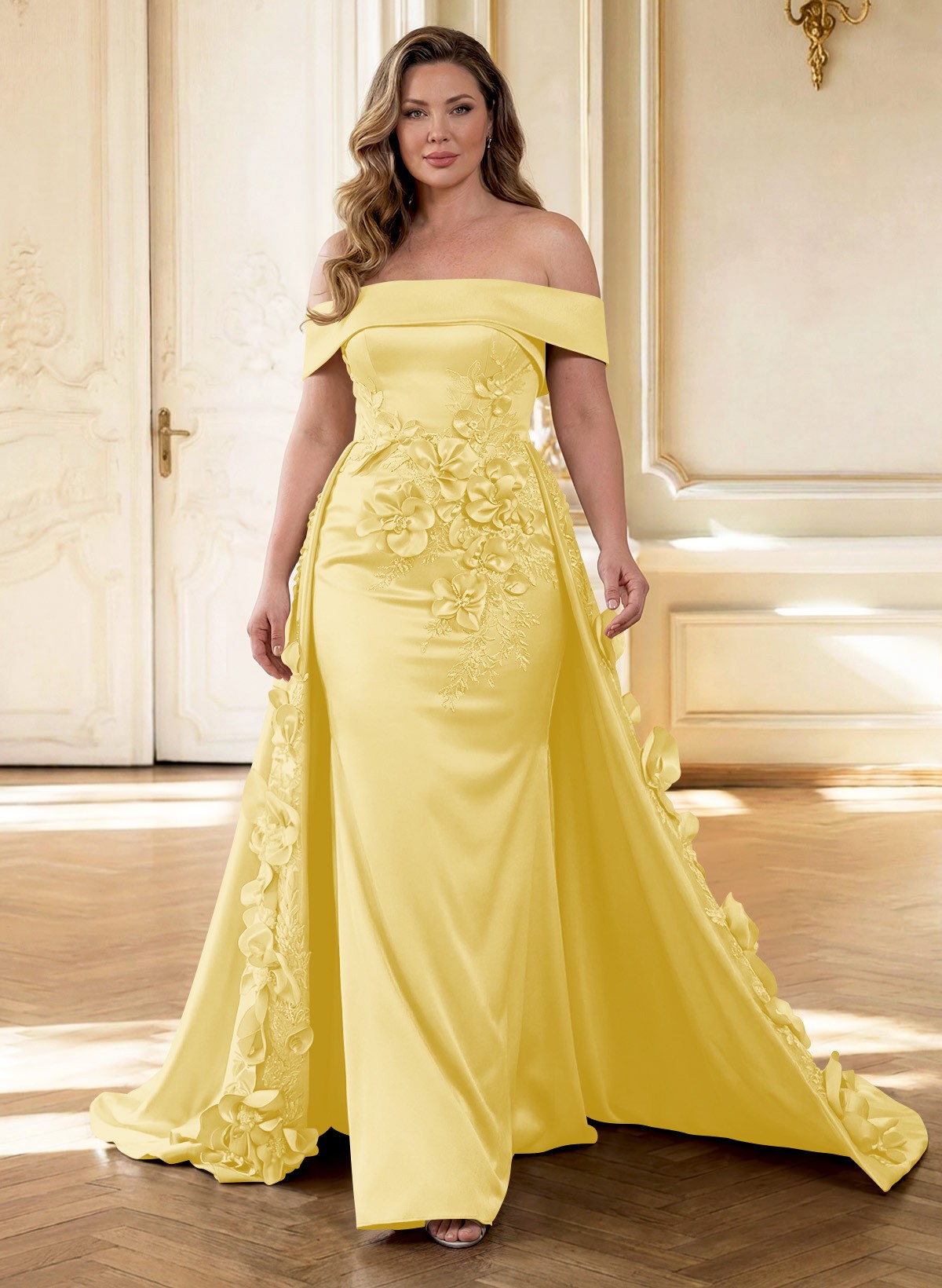 Trumpet/Mermaid Off-The-Shoulder Sweep Train Satin Mother Of The Bride Dresses With Overskirt Dress