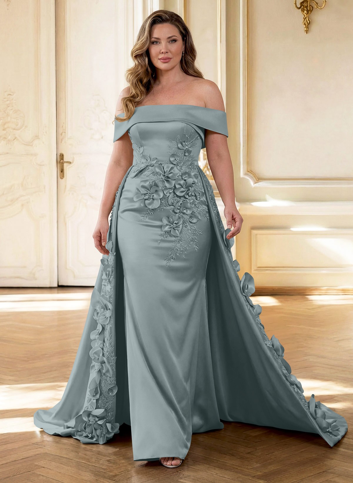 Trumpet/Mermaid Off-The-Shoulder Sweep Train Satin Mother Of The Bride Dresses With Overskirt Dress