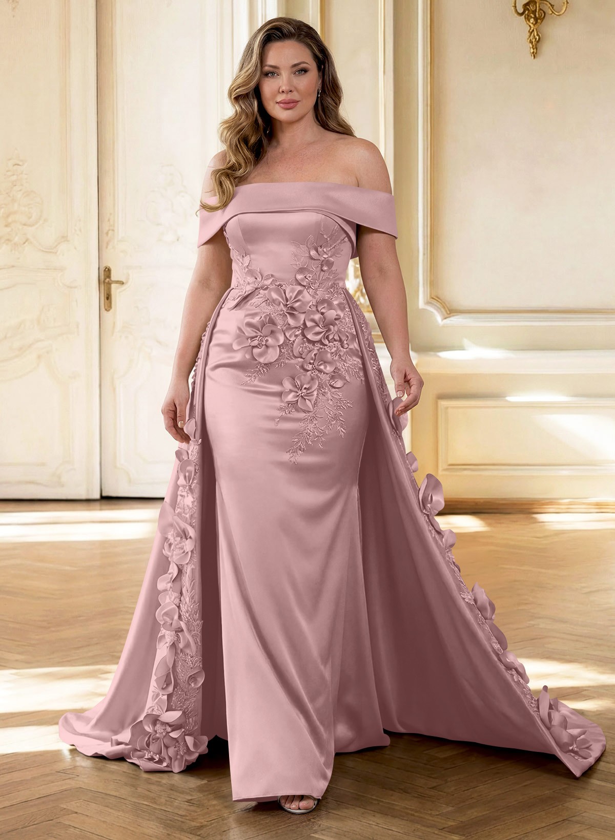 Trumpet/Mermaid Off-The-Shoulder Sweep Train Satin Mother Of The Bride Dresses With Overskirt Dress