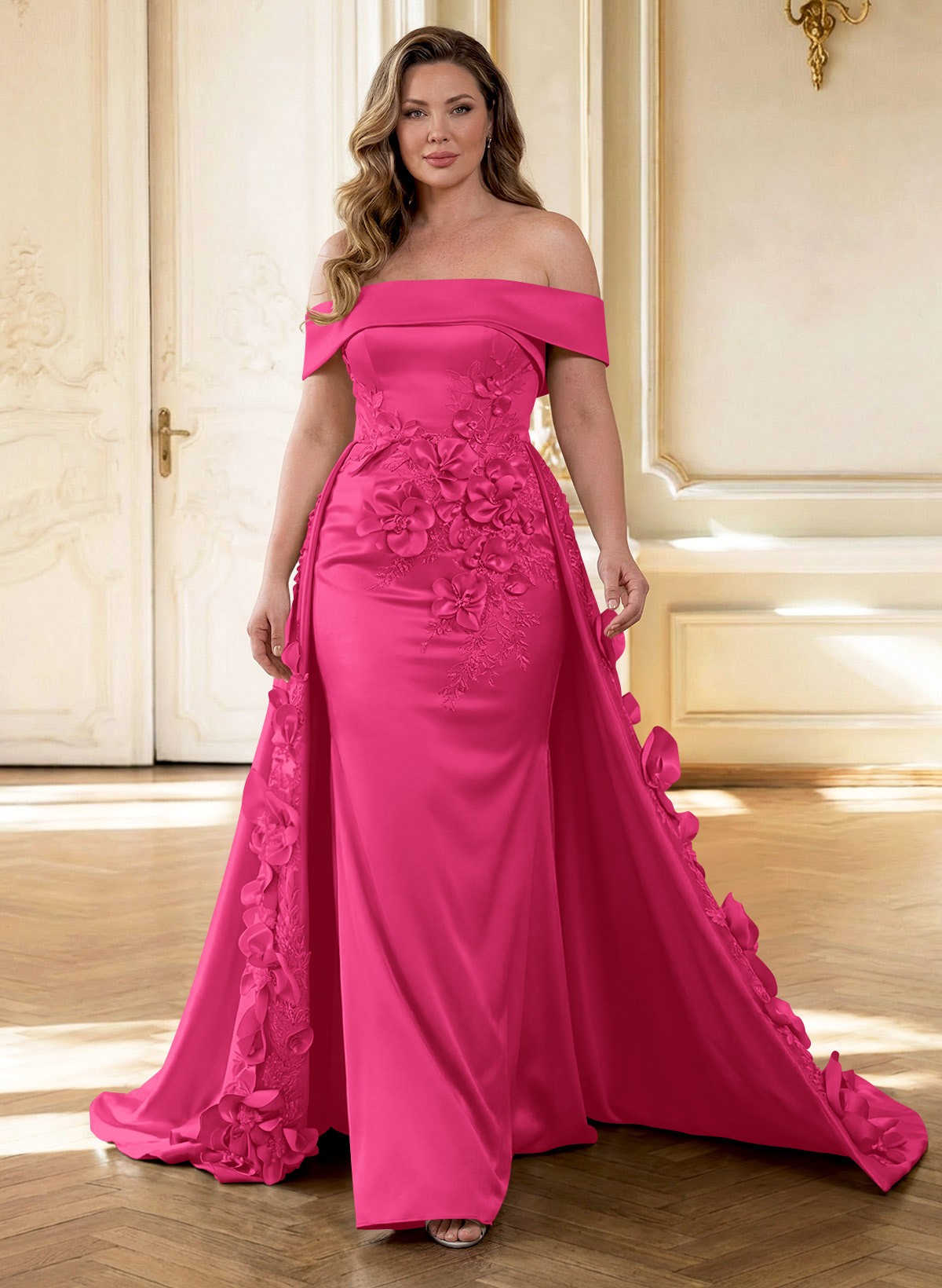 Trumpet/Mermaid Off-The-Shoulder Sweep Train Satin Mother Of The Bride Dresses With Overskirt Dress
