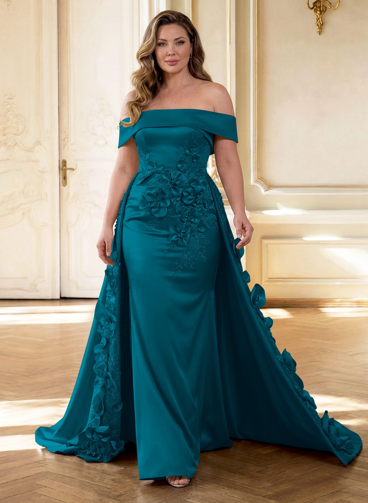 Trumpet/Mermaid Off-The-Shoulder Sweep Train Satin Mother Of The Bride Dresses With Overskirt Dress