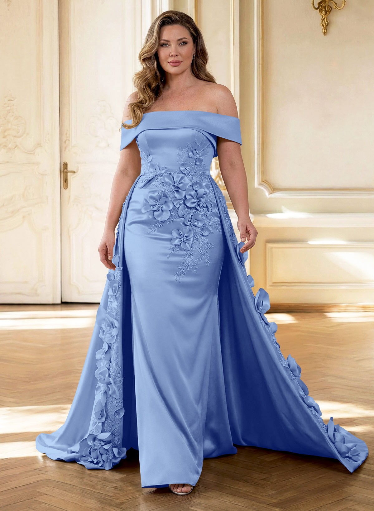 Trumpet/Mermaid Off-The-Shoulder Sweep Train Satin Mother Of The Bride Dresses With Overskirt Dress