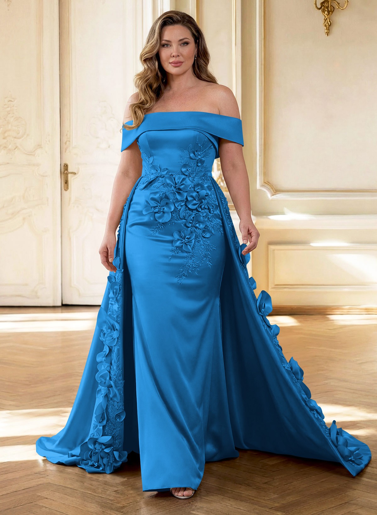 Trumpet/Mermaid Off-The-Shoulder Sweep Train Satin Mother Of The Bride Dresses With Overskirt Dress