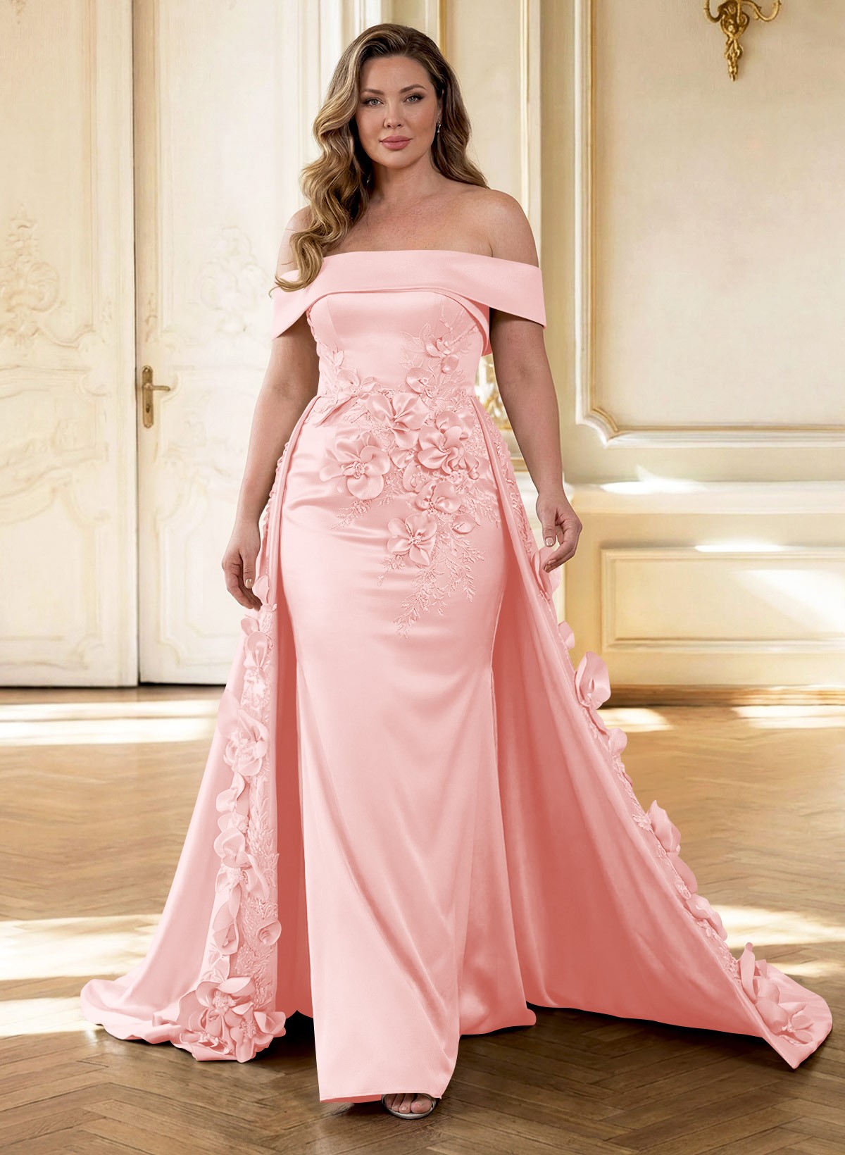 Trumpet/Mermaid Off-The-Shoulder Sweep Train Satin Mother Of The Bride Dresses With Overskirt Dress