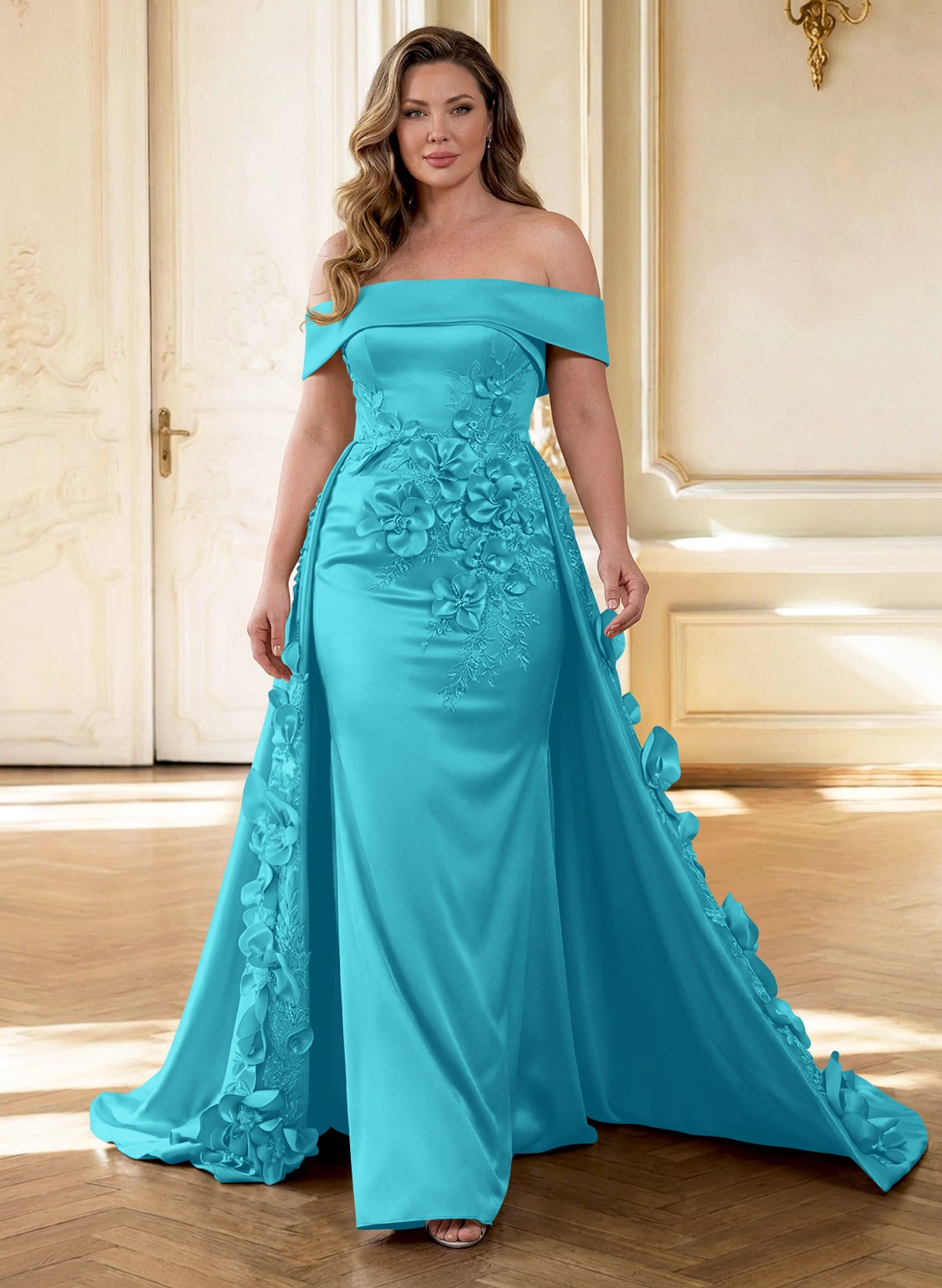 Trumpet/Mermaid Off-The-Shoulder Sweep Train Satin Mother Of The Bride Dresses With Overskirt Dress