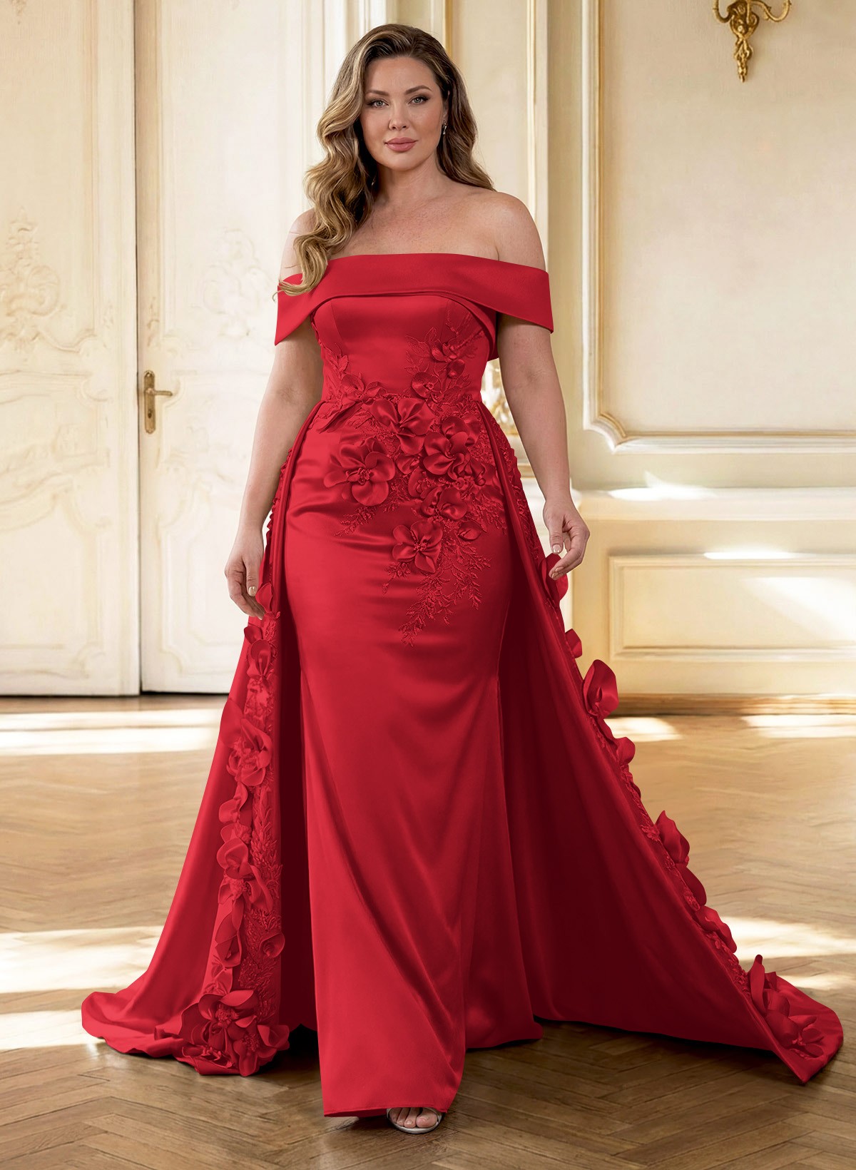 Trumpet/Mermaid Off-The-Shoulder Sweep Train Satin Mother Of The Bride Dresses With Overskirt Dress