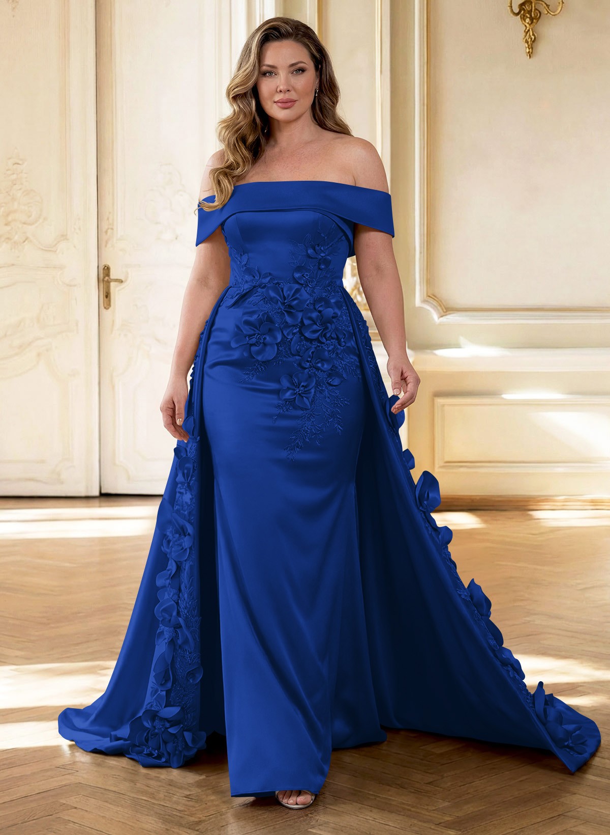 Trumpet/Mermaid Off-The-Shoulder Sweep Train Satin Mother Of The Bride Dresses With Overskirt Dress