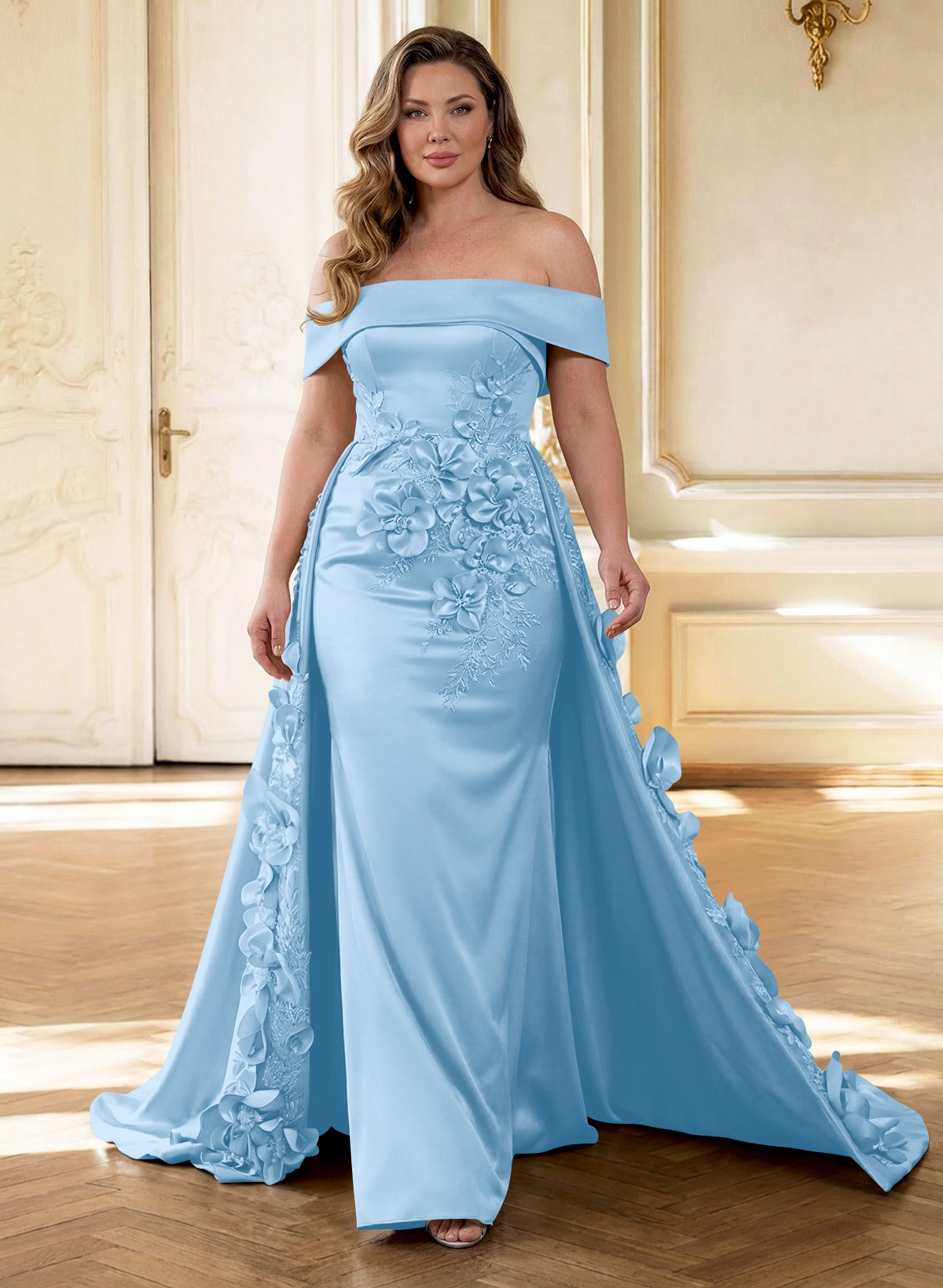 Trumpet/Mermaid Off-The-Shoulder Sweep Train Satin Mother Of The Bride Dresses With Overskirt Dress