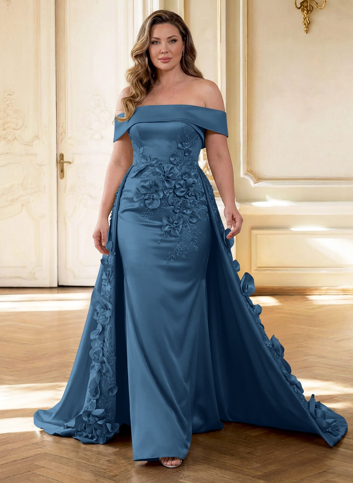 Trumpet/Mermaid Off-The-Shoulder Sweep Train Satin Mother Of The Bride Dresses With Overskirt Dress