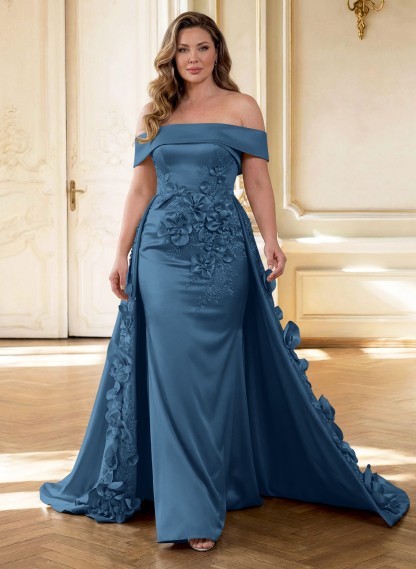 Trumpet/Mermaid Off-The-Shoulder Sweep Train Satin Mother Of The Bride Dresses With Overskirt Dress