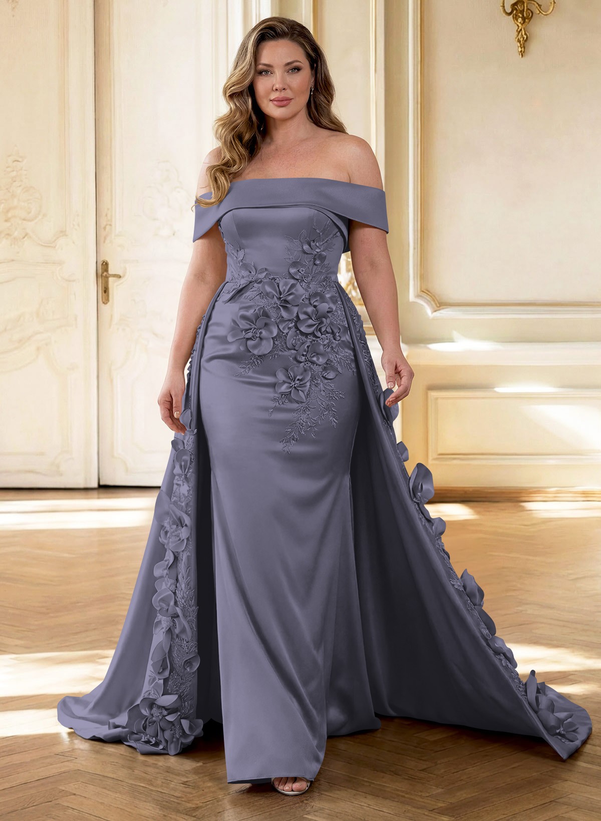 Trumpet/Mermaid Off-The-Shoulder Sweep Train Satin Mother Of The Bride Dresses With Overskirt Dress