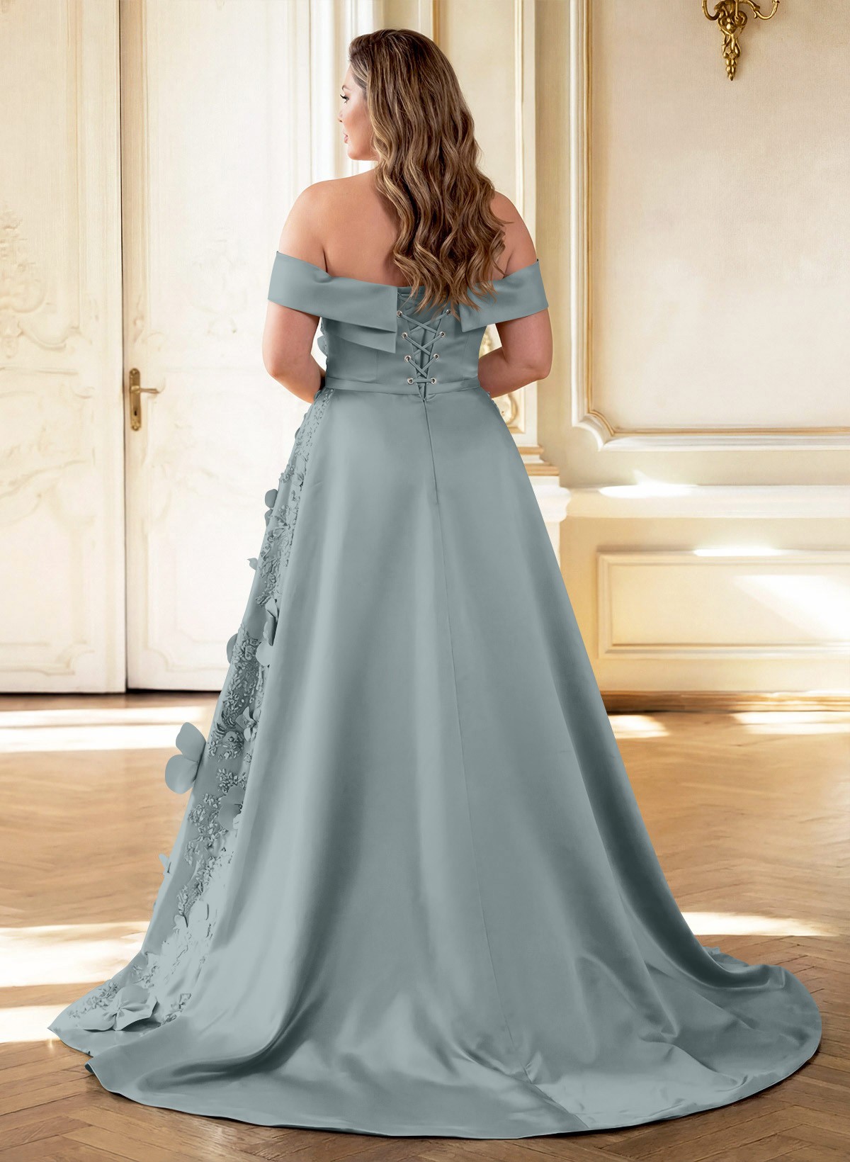 Trumpet/Mermaid Off-The-Shoulder Sweep Train Satin Mother Of The Bride Dresses With Overskirt Dress