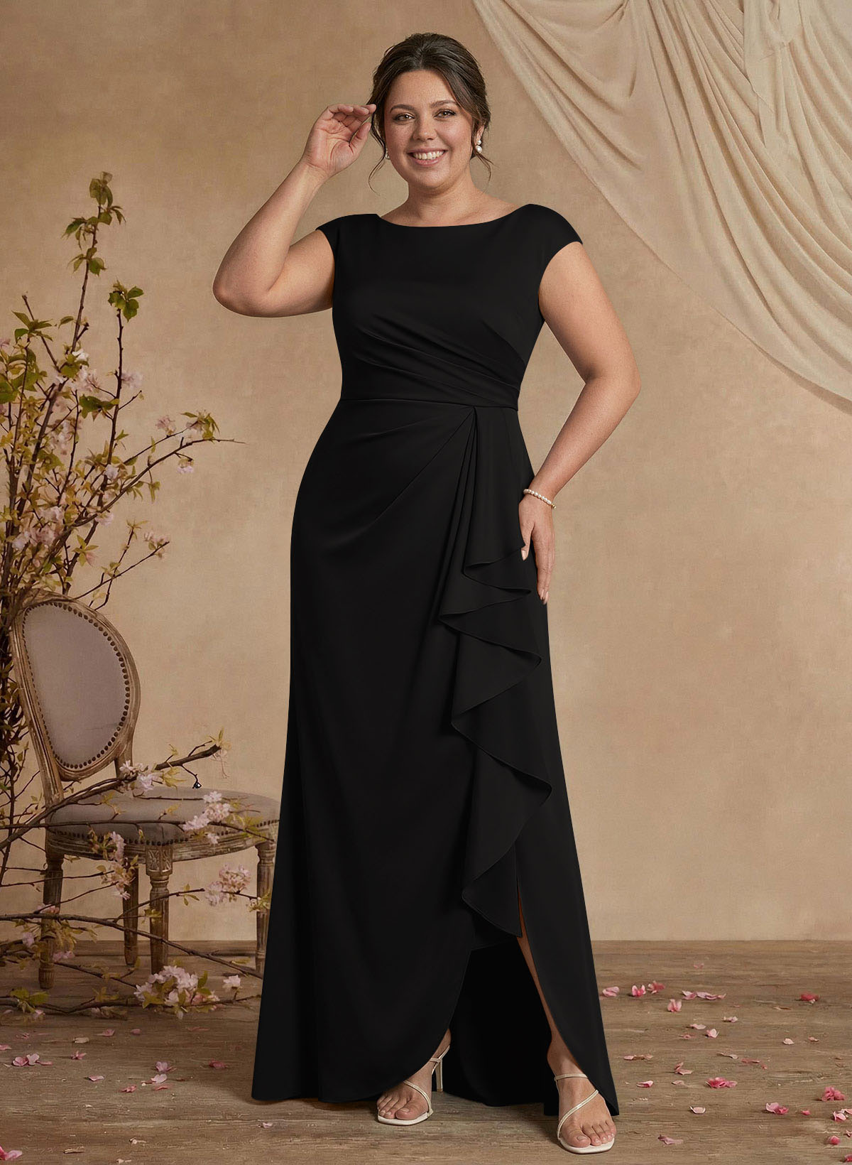 Sheath/Column Scoop Neck Sweep Train Crepe Satin Mother Of The Bride Dresses