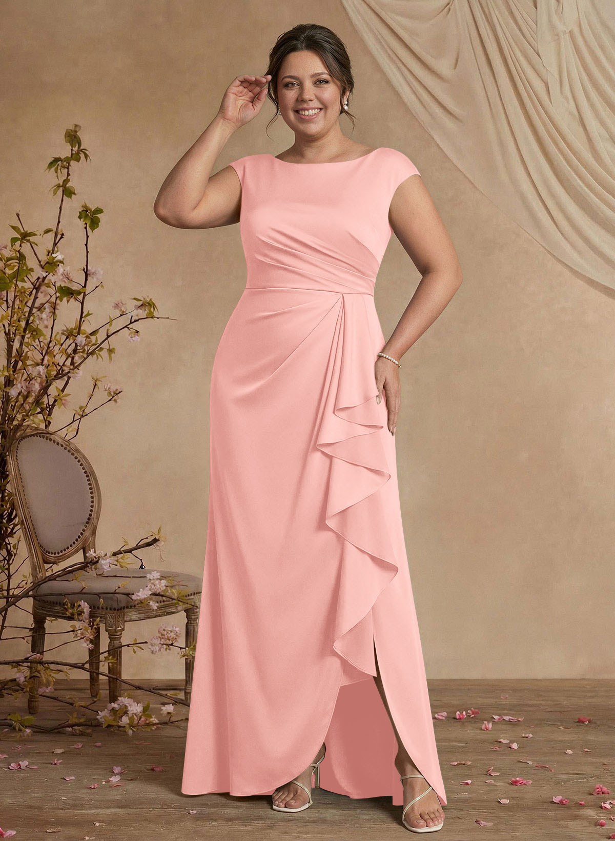 Sheath/Column Scoop Neck Sweep Train Crepe Satin Mother Of The Bride Dresses