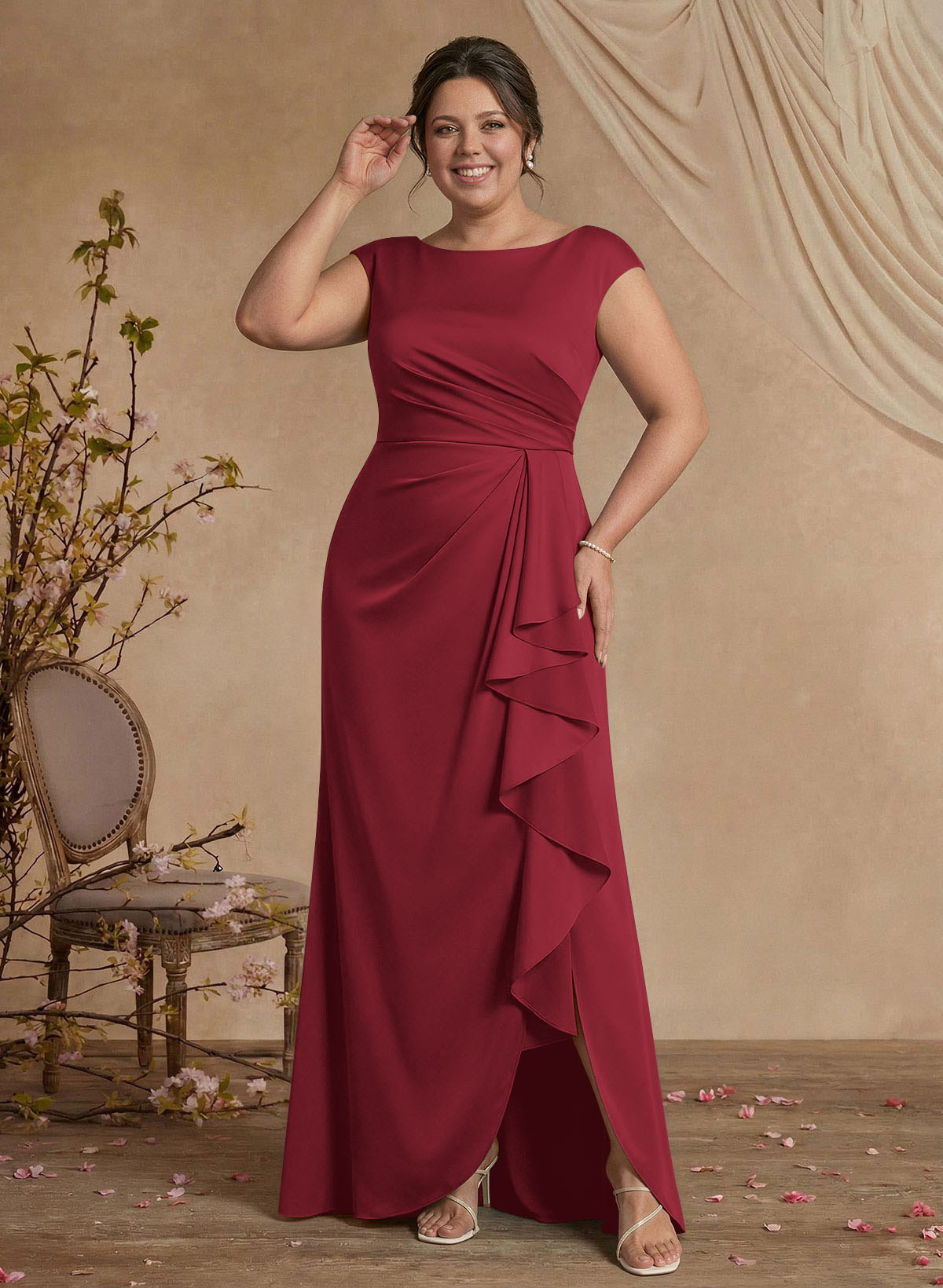 Sheath/Column Scoop Neck Sweep Train Crepe Satin Mother Of The Bride Dresses