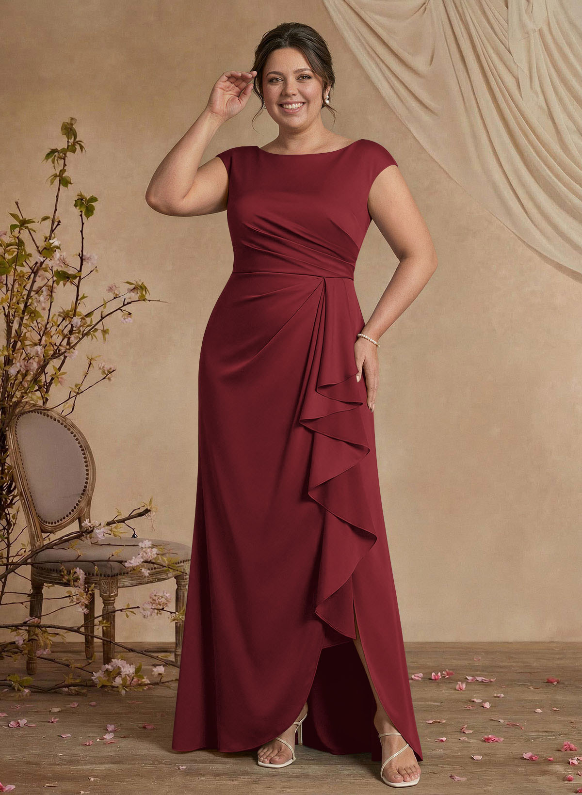 Sheath/Column Scoop Neck Sweep Train Crepe Satin Mother Of The Bride Dresses