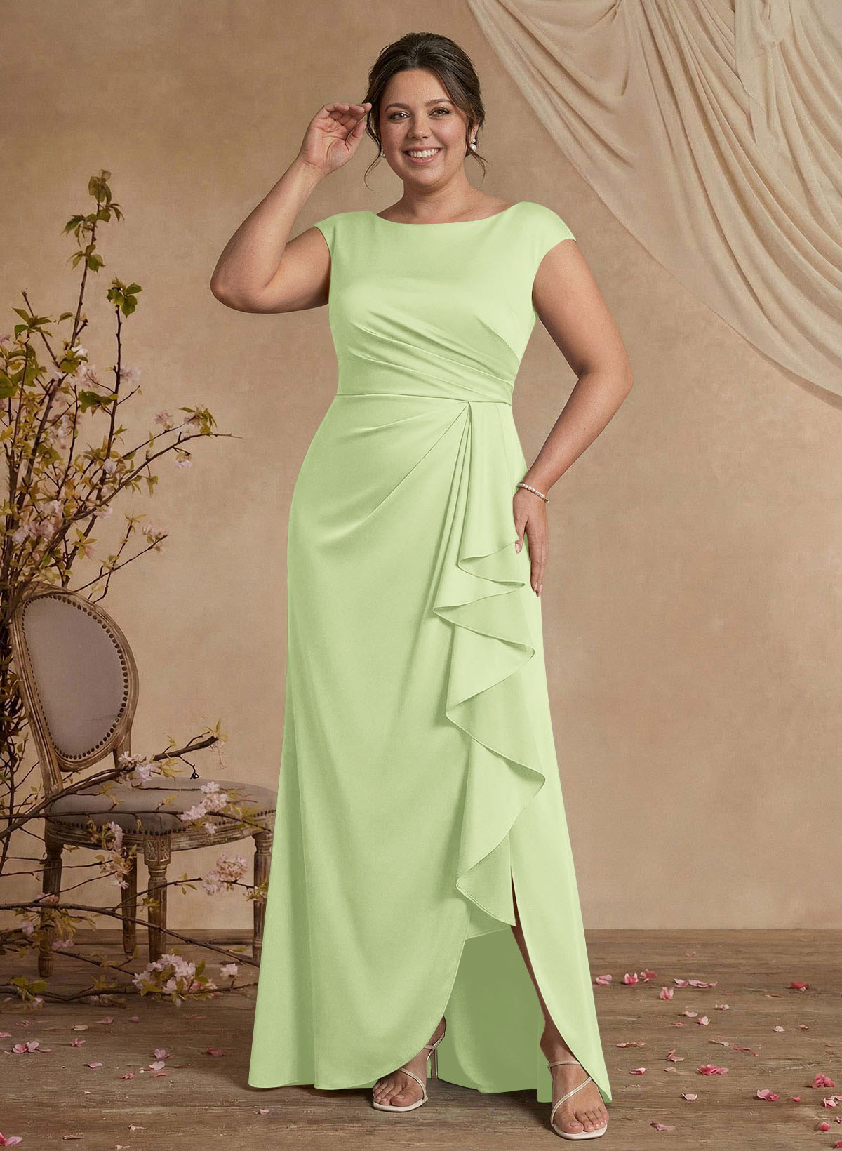 Sheath/Column Scoop Neck Sweep Train Crepe Satin Mother Of The Bride Dresses
