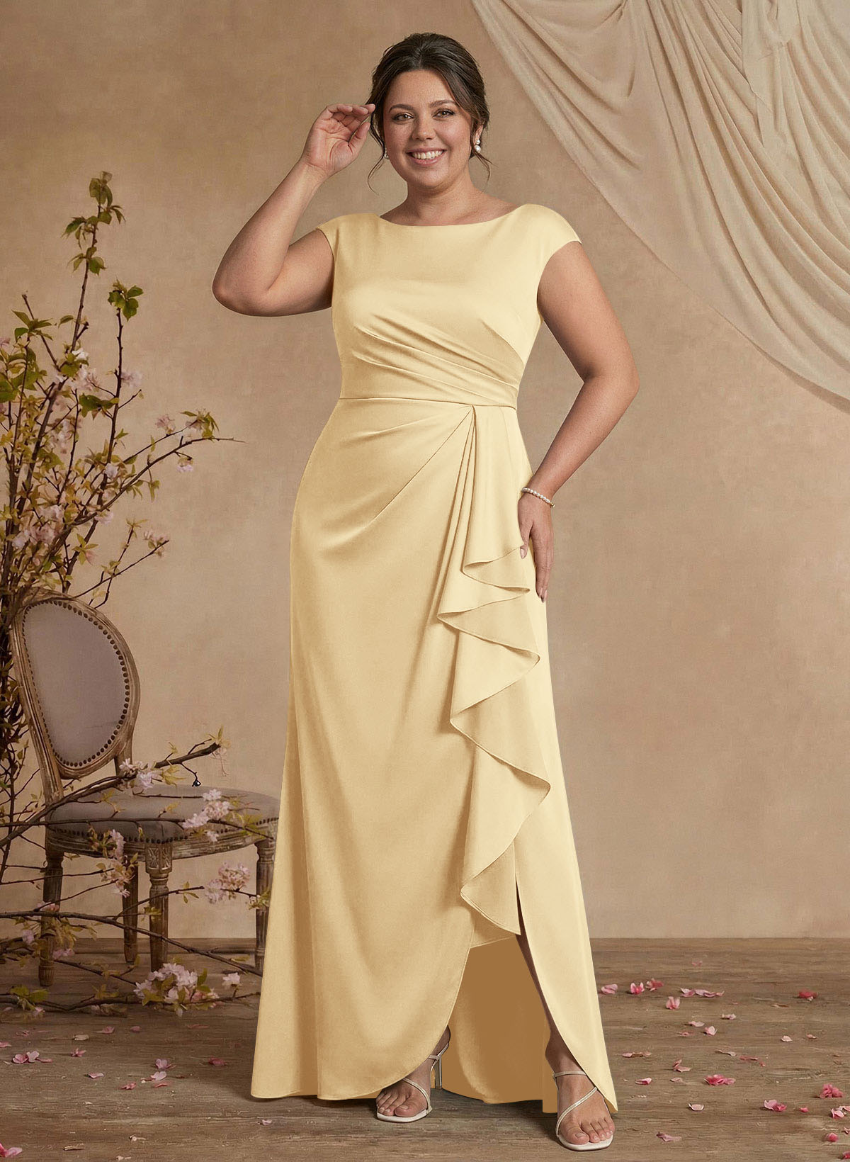 Sheath/Column Scoop Neck Sweep Train Crepe Satin Mother Of The Bride Dresses