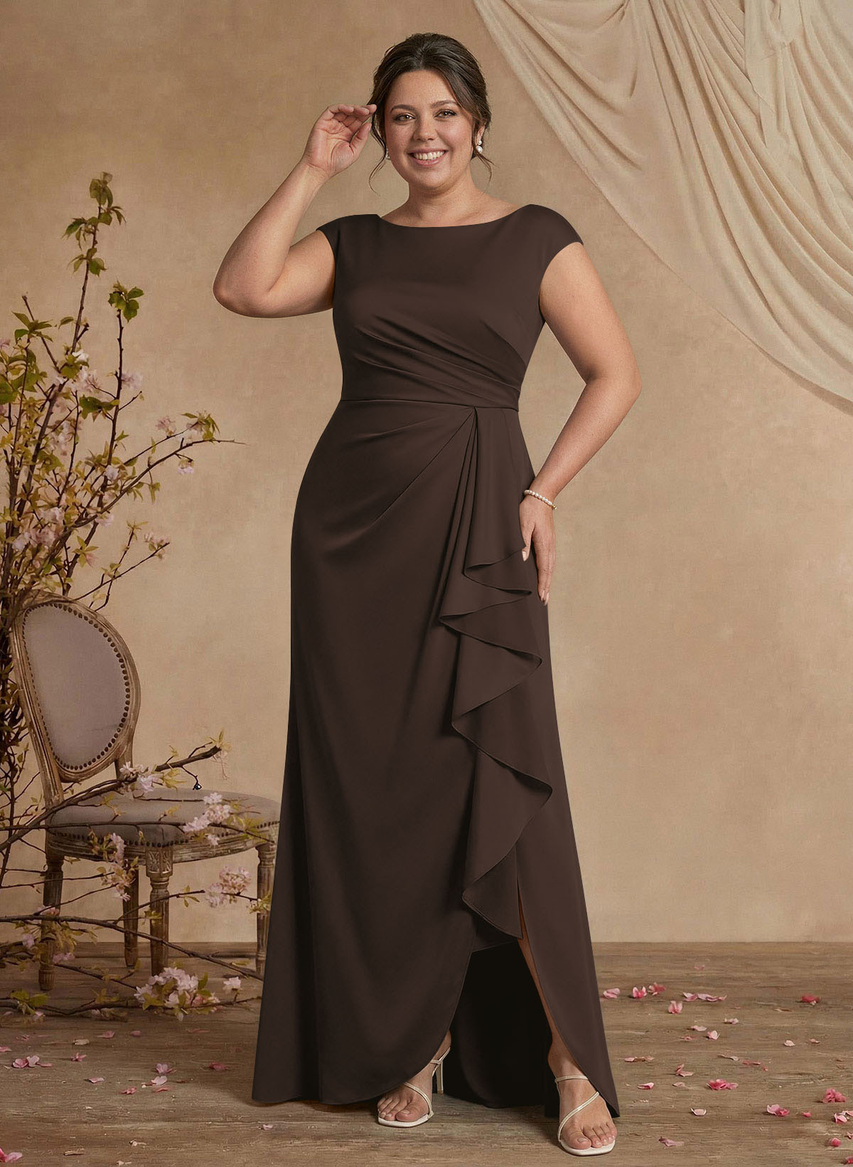 Sheath/Column Scoop Neck Sweep Train Crepe Satin Mother Of The Bride Dresses