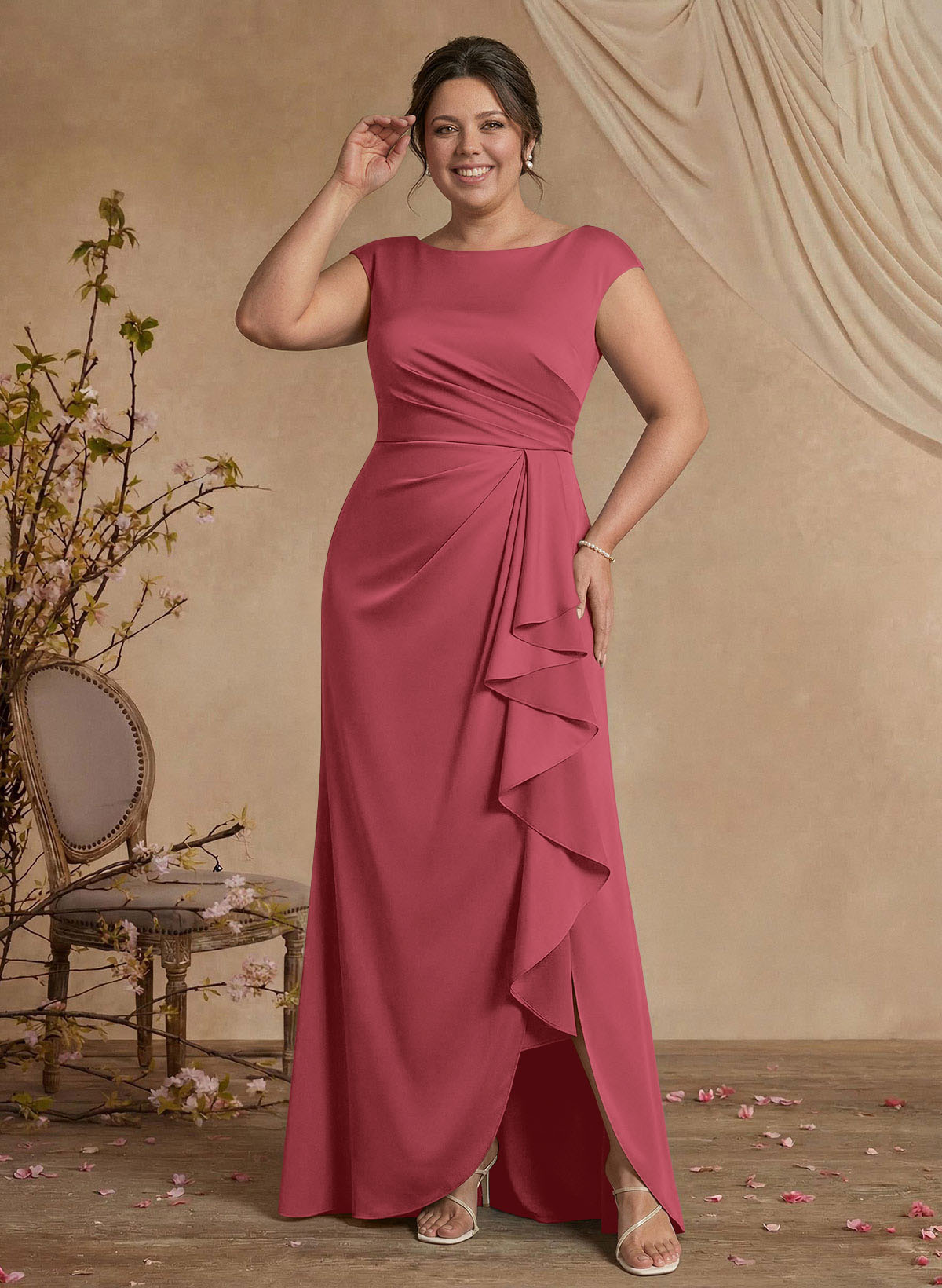 Sheath/Column Scoop Neck Sweep Train Crepe Satin Mother Of The Bride Dresses