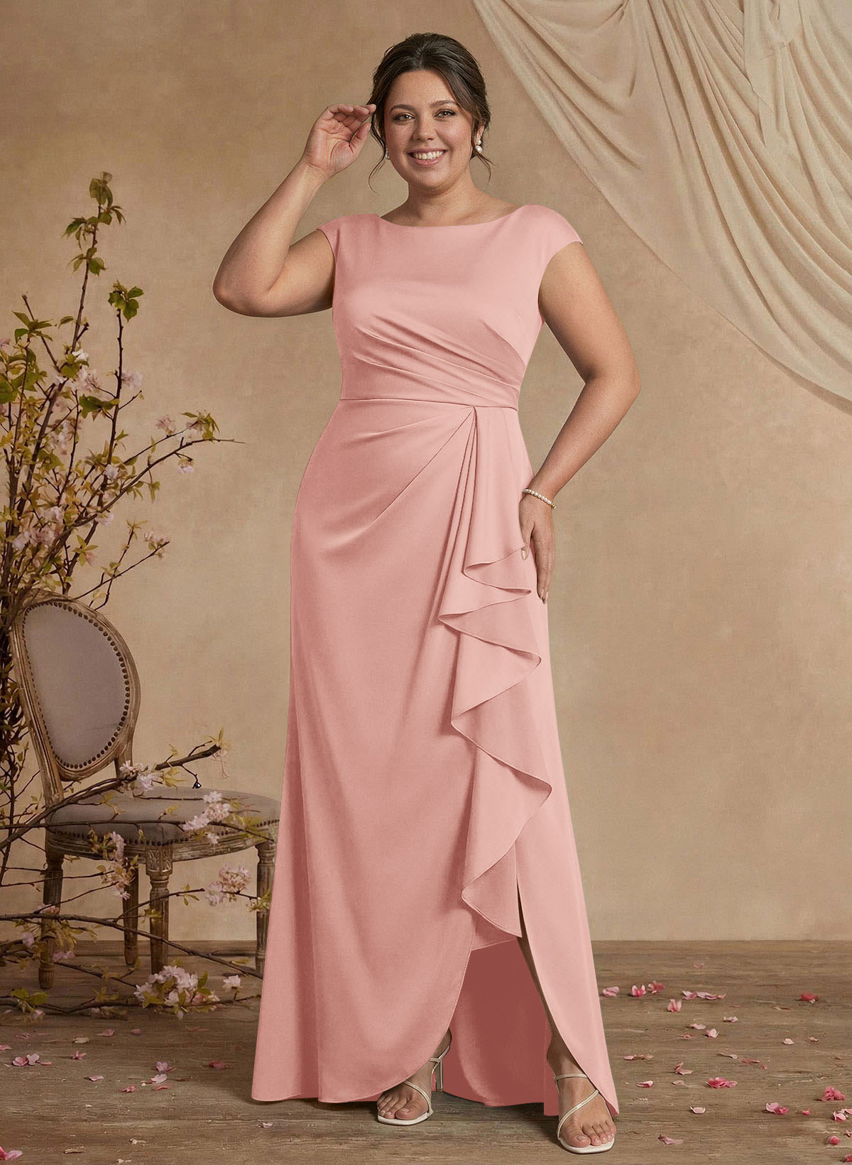 Sheath/Column Scoop Neck Sweep Train Crepe Satin Mother Of The Bride Dresses