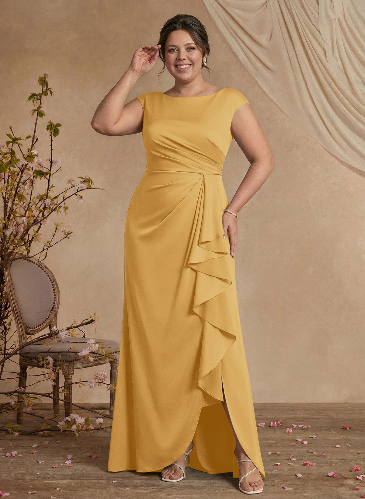 Sheath/Column Scoop Neck Sweep Train Crepe Satin Mother Of The Bride Dresses
