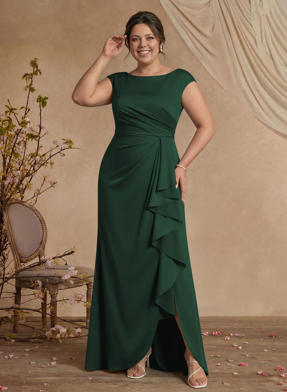 Sheath/Column Scoop Neck Sweep Train Crepe Satin Mother Of The Bride Dresses