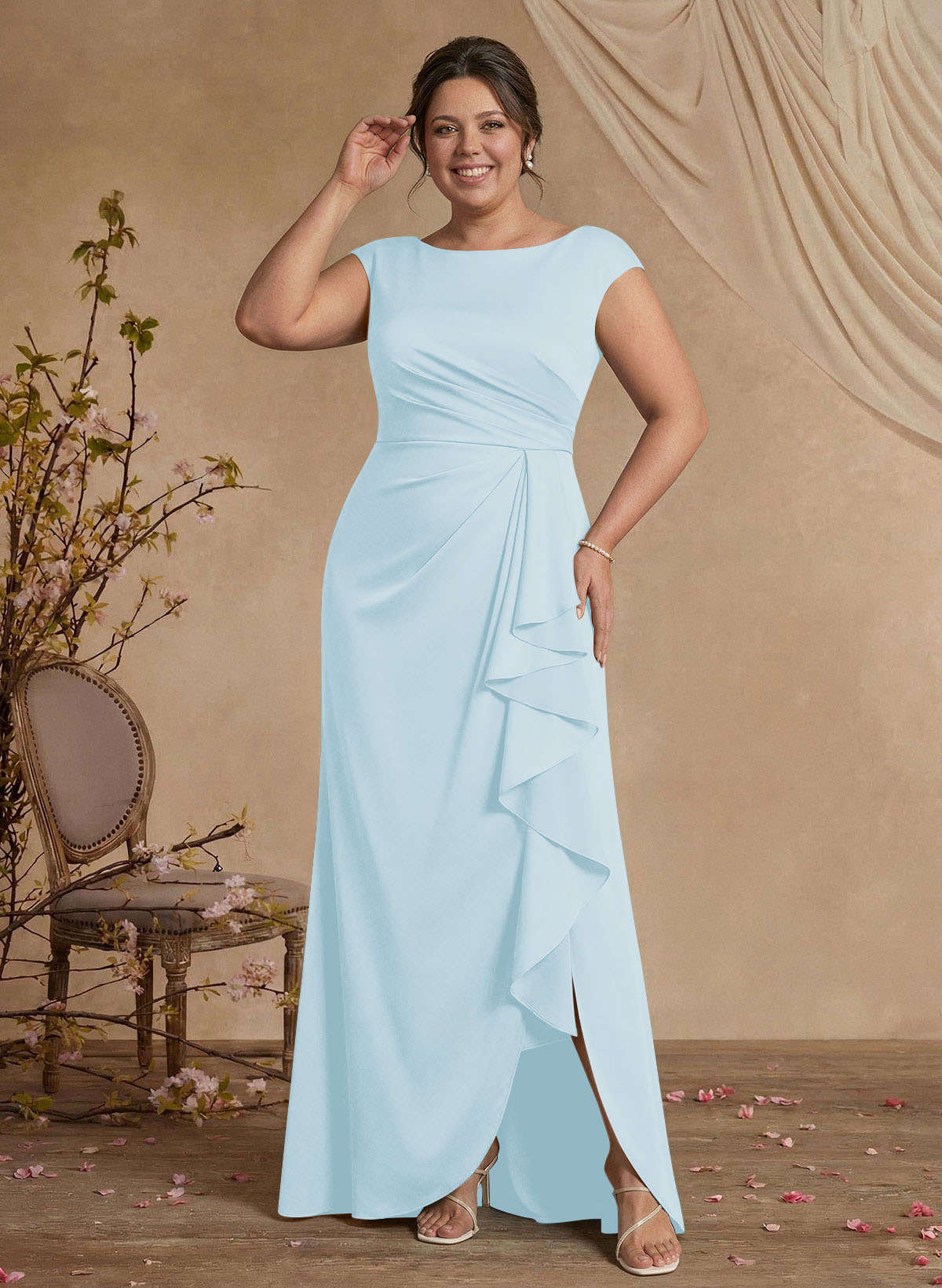 Sheath/Column Scoop Neck Sweep Train Crepe Satin Mother Of The Bride Dresses