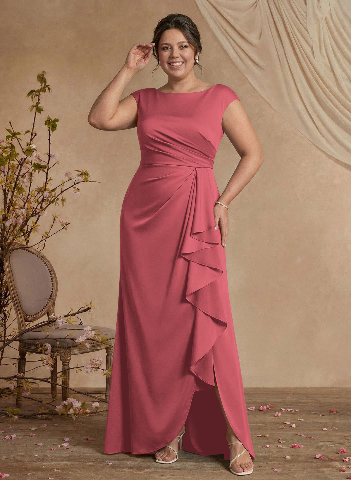 Sheath/Column Scoop Neck Sweep Train Crepe Satin Mother Of The Bride Dresses