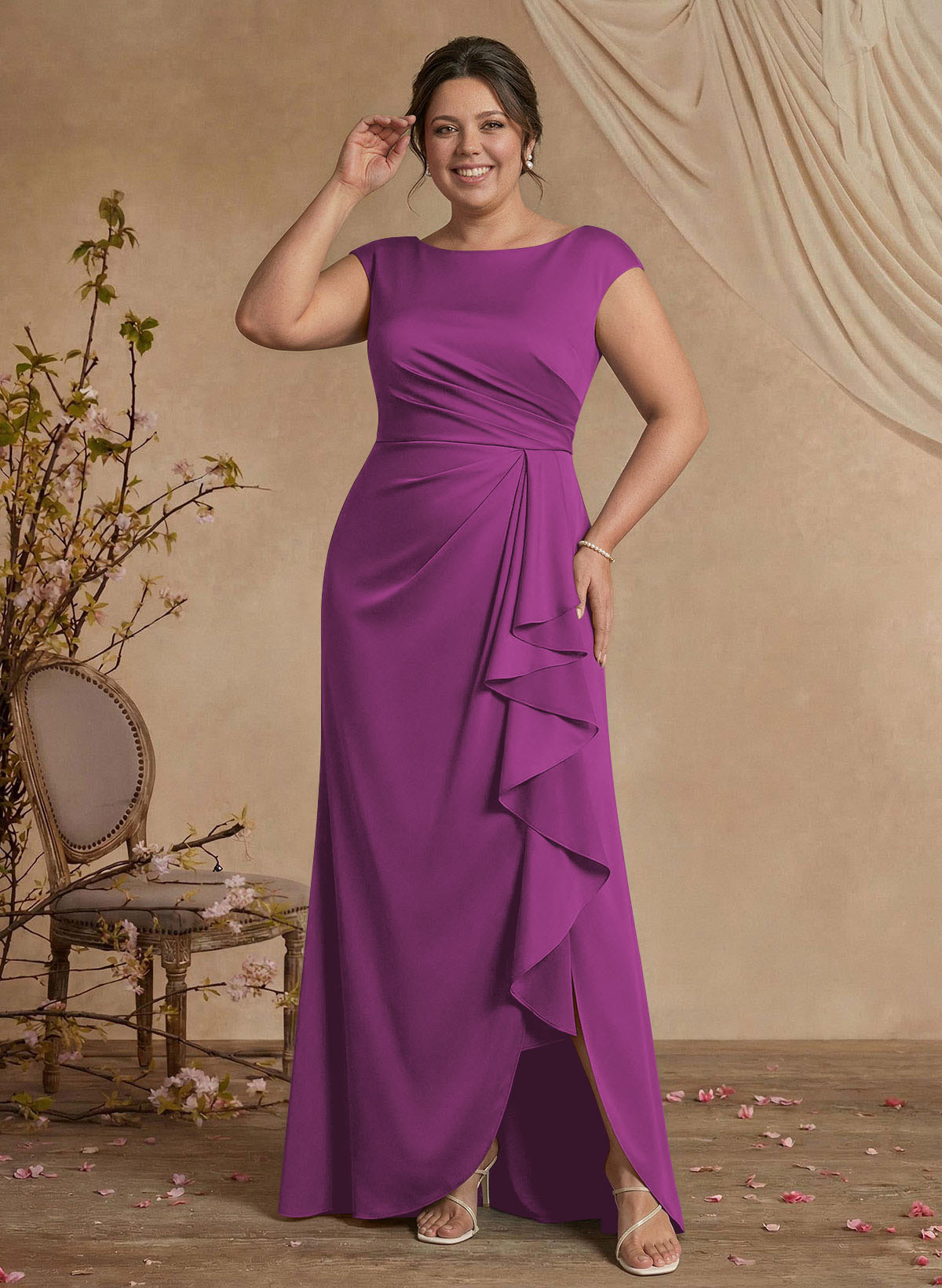 Sheath/Column Scoop Neck Sweep Train Crepe Satin Mother Of The Bride Dresses