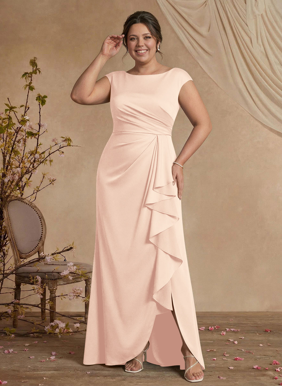 Sheath/Column Scoop Neck Sweep Train Crepe Satin Mother Of The Bride Dresses