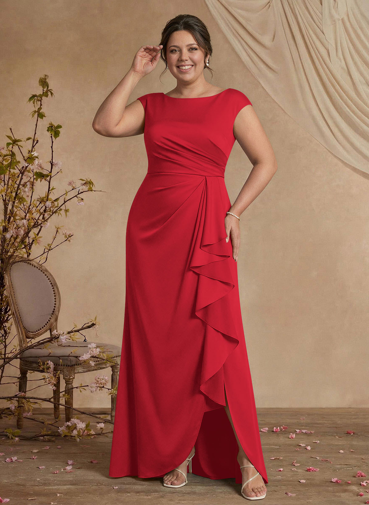 Sheath/Column Scoop Neck Sweep Train Crepe Satin Mother Of The Bride Dresses