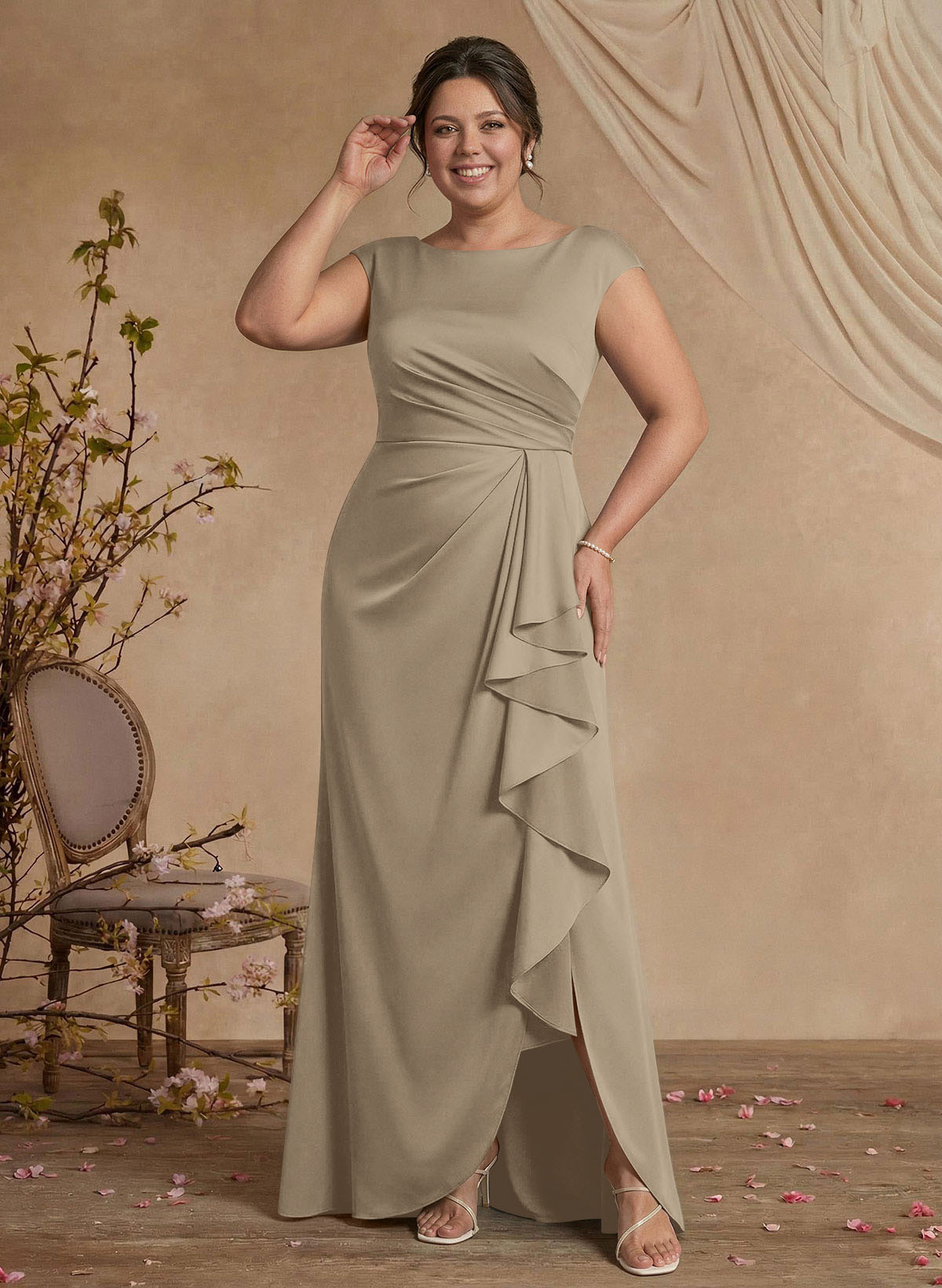 Sheath/Column Scoop Neck Sweep Train Crepe Satin Mother Of The Bride Dresses