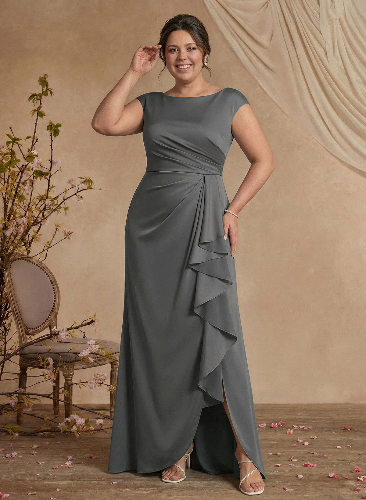 Sheath/Column Scoop Neck Sweep Train Crepe Satin Mother Of The Bride Dresses