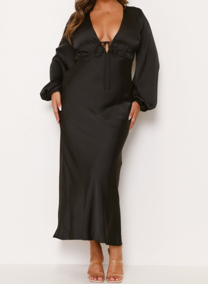Elegant Sheath/Column Plunge Neck Long Sleeves Ankle-Length Crepe Satin Evening Dresses With Bow, supplier image 2