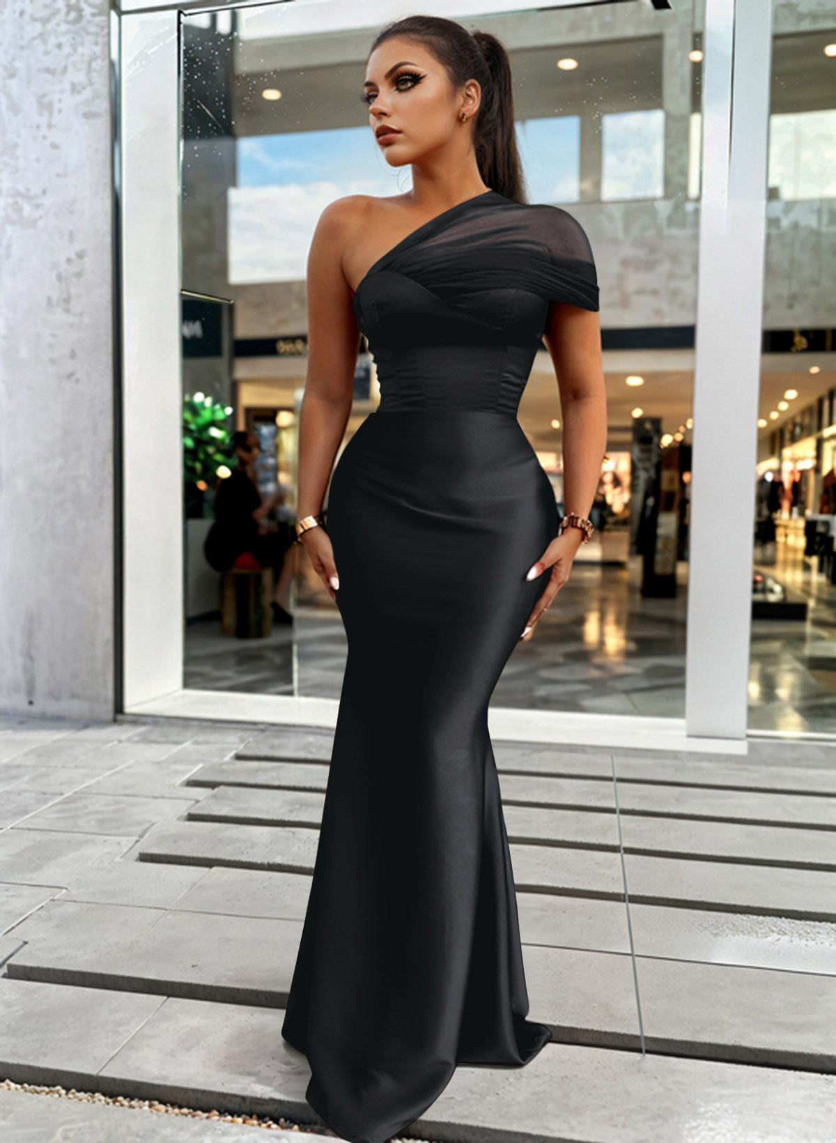 Trumpet/Mermaid One-Shoulder Sleeveless Satin/Tulle Bridesmaid Dresses, product image 7