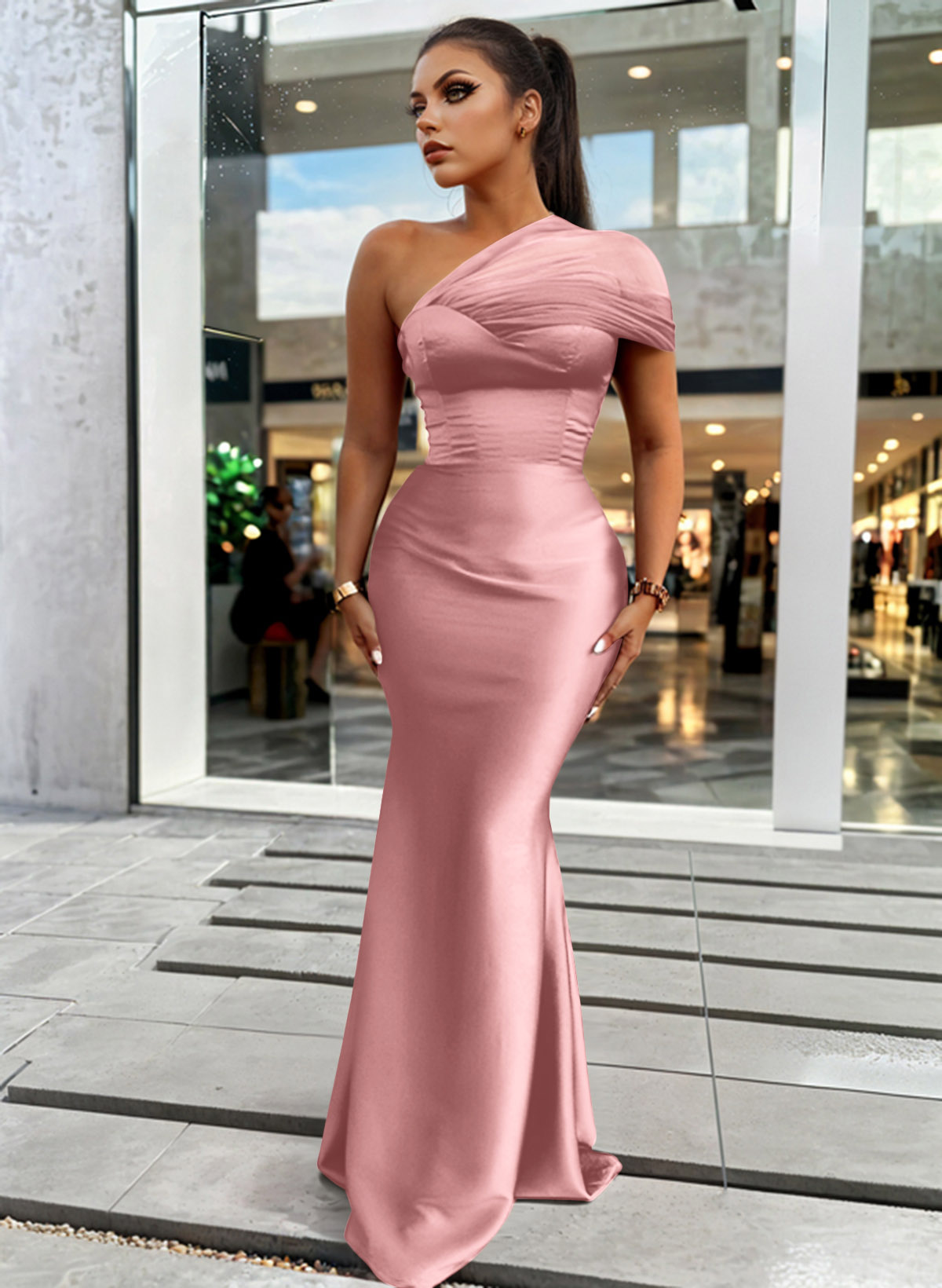 Trumpet/Mermaid One-Shoulder Sleeveless Satin/Tulle Bridesmaid Dresses, product image 92